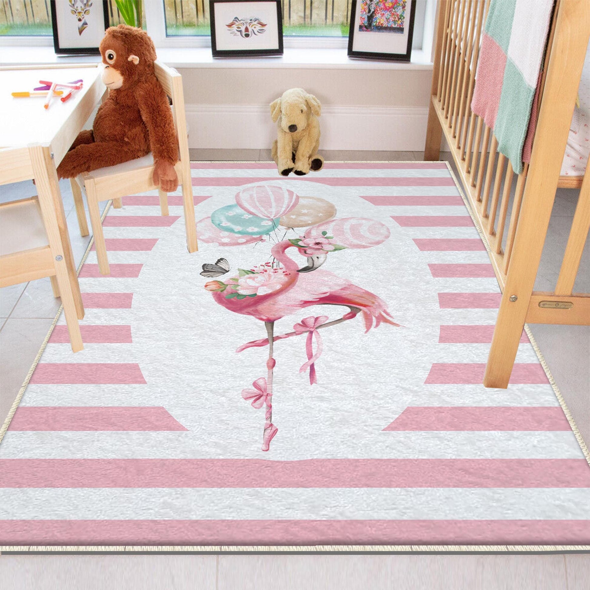 Round Pink Flamingo Girl Baby Nursery Room Rug, Cute Ballerina Rug Gift For Kid, Girl Baby Room Gift, Kid Room Decor with pillow case gift