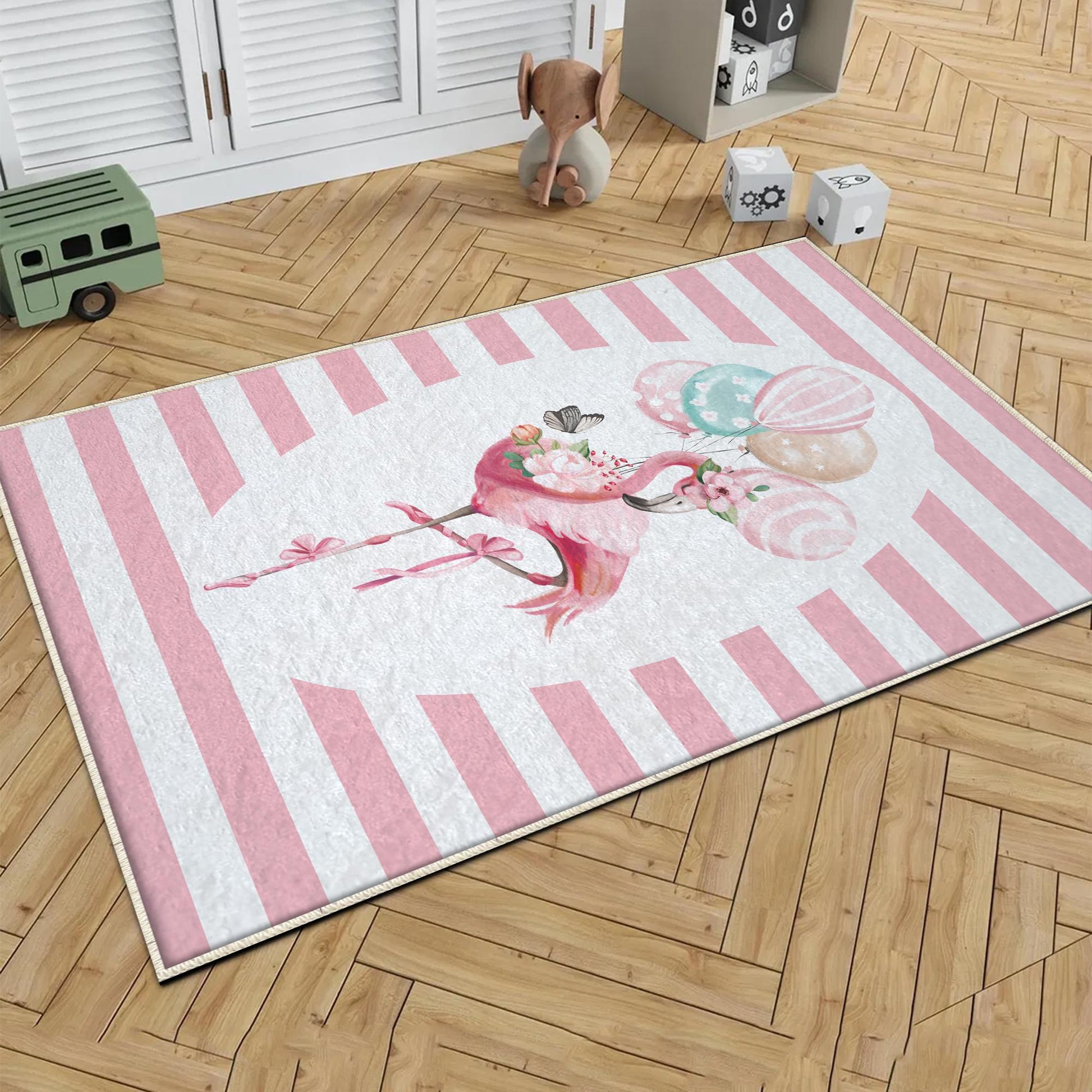 Round Pink Flamingo Girl Baby Nursery Room Rug, Cute Ballerina Rug Gift For Kid, Girl Baby Room Gift, Kid Room Decor with pillow case gift