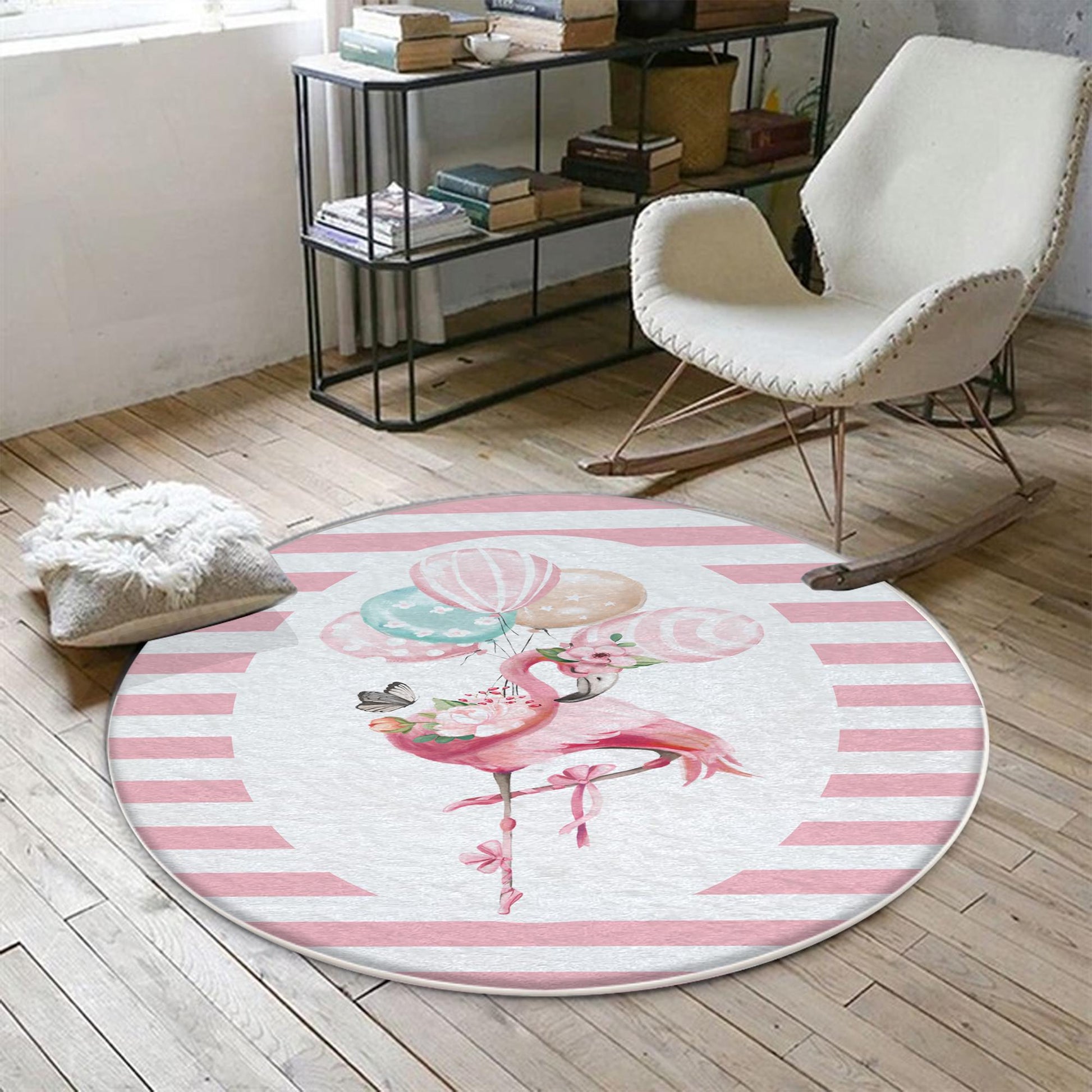 Round Pink Flamingo Girl Baby Nursery Room Rug, Cute Ballerina Rug Gift For Kid, Girl Baby Room Gift, Kid Room Decor with pillow case gift