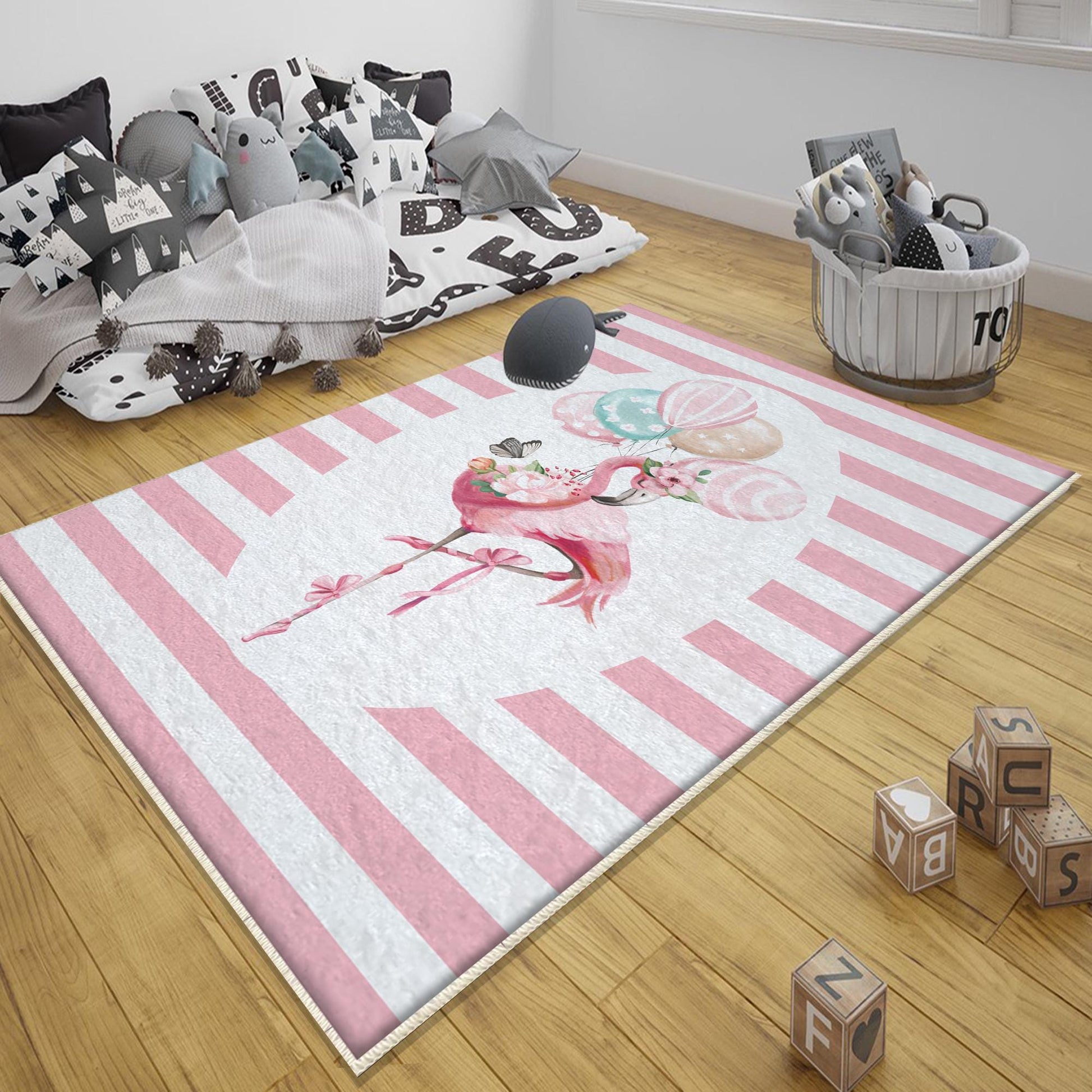 Round Pink Flamingo Girl Baby Nursery Room Rug, Cute Ballerina Rug Gift For Kid, Girl Baby Room Gift, Kid Room Decor with pillow case gift