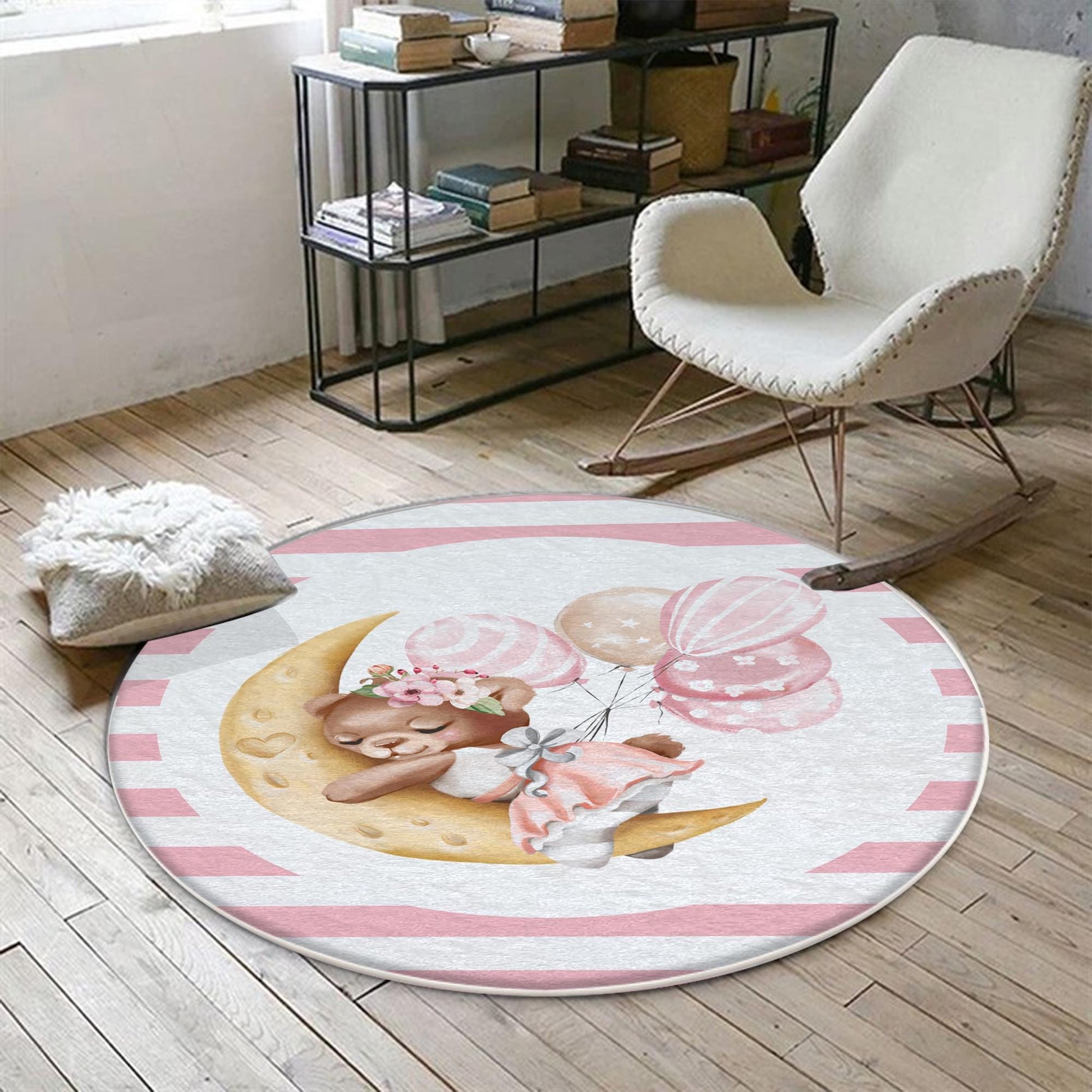 Round Pink Moon Sleep Bear Girl Baby Nursery Room Rug, Cute Bear Rug Gift For Kid, Girl Baby Room Gift, Kid Room Decor with pillow case gift