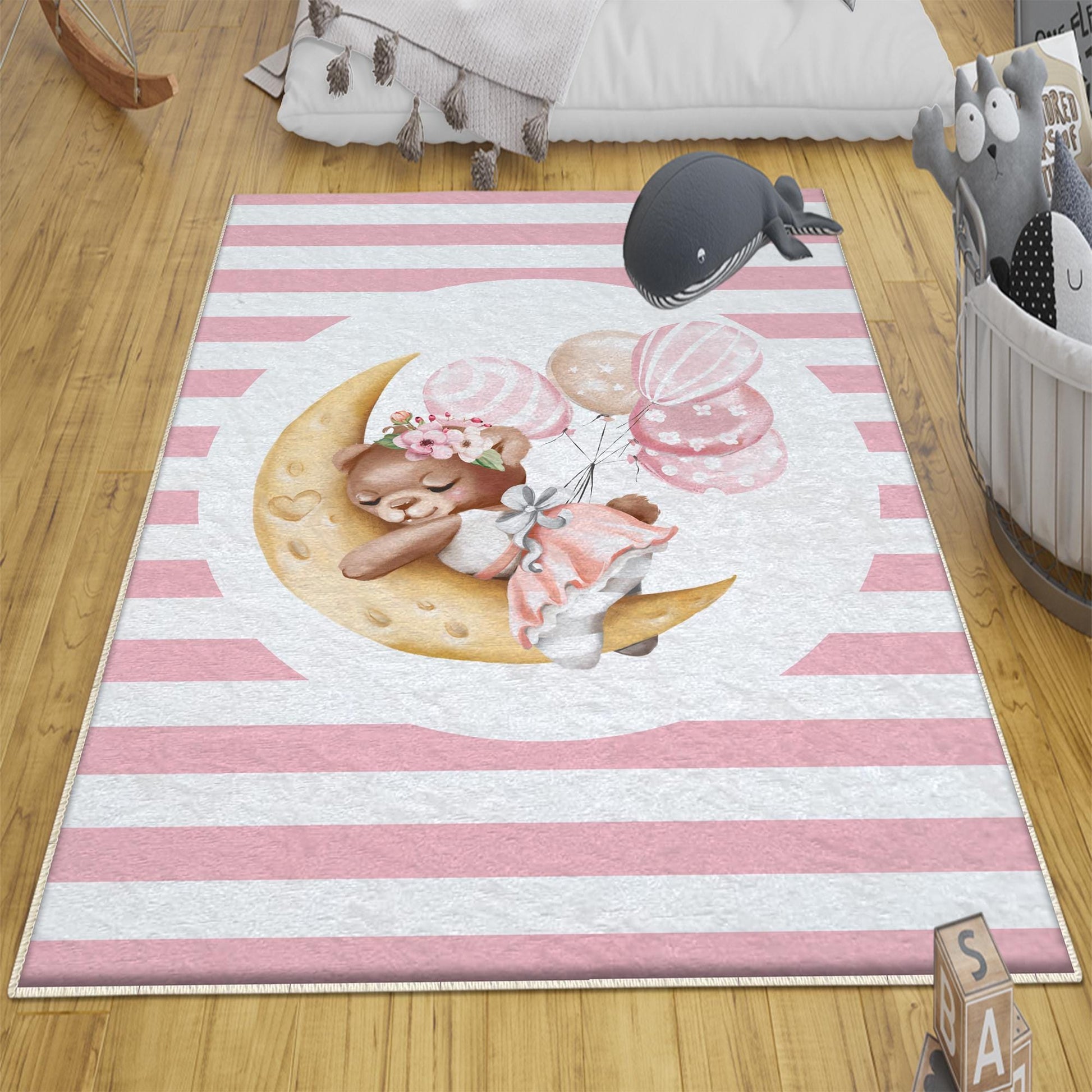 Round Pink Moon Sleep Bear Girl Baby Nursery Room Rug, Cute Bear Rug Gift For Kid, Girl Baby Room Gift, Kid Room Decor with pillow case gift
