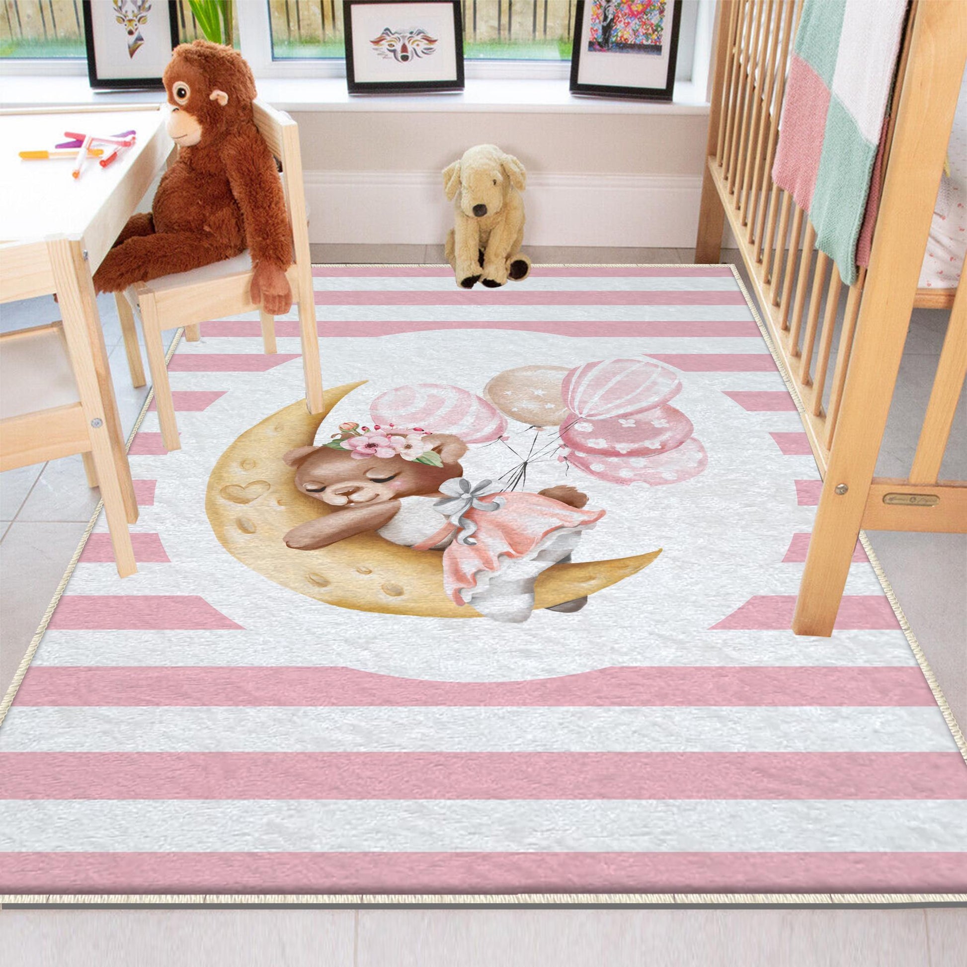 Round Pink Moon Sleep Bear Girl Baby Nursery Room Rug, Cute Bear Rug Gift For Kid, Girl Baby Room Gift, Kid Room Decor with pillow case gift