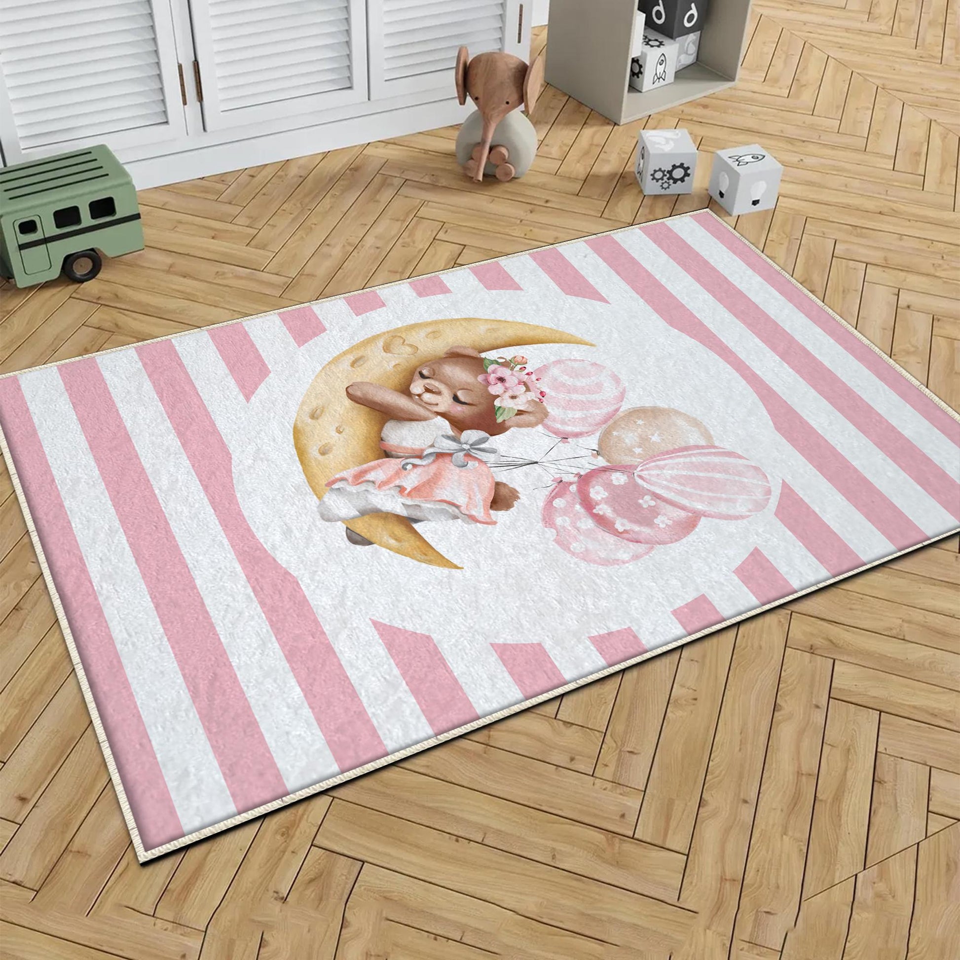 Round Pink Moon Sleep Bear Girl Baby Nursery Room Rug, Cute Bear Rug Gift For Kid, Girl Baby Room Gift, Kid Room Decor with pillow case gift