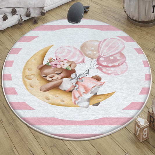 Round Pink Moon Sleep Bear Girl Baby Nursery Room Rug, Cute Bear Rug Gift For Kid, Girl Baby Room Gift, Kid Room Decor with pillow case gift