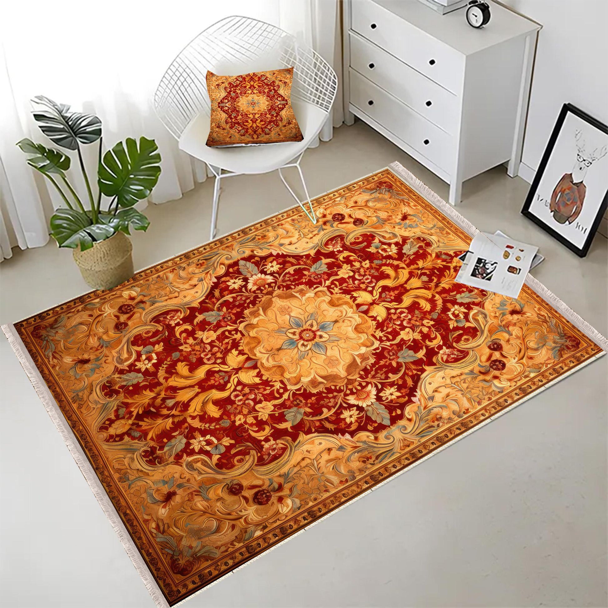 Persian Ethnic Victorian Tribal Rug - Red Yellow Antiqued Turkish Floral Medieval Carpet, Soft Textured Kitchen Runner Bohemian Area Rug