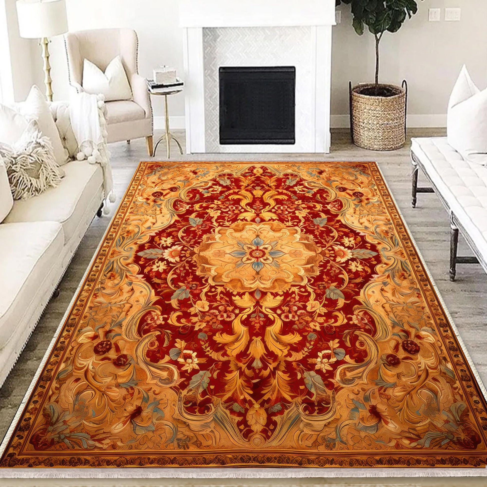 Persian Ethnic Victorian Tribal Rug - Red Yellow Antiqued Turkish Floral Medieval Carpet, Soft Textured Kitchen Runner Bohemian Area Rug