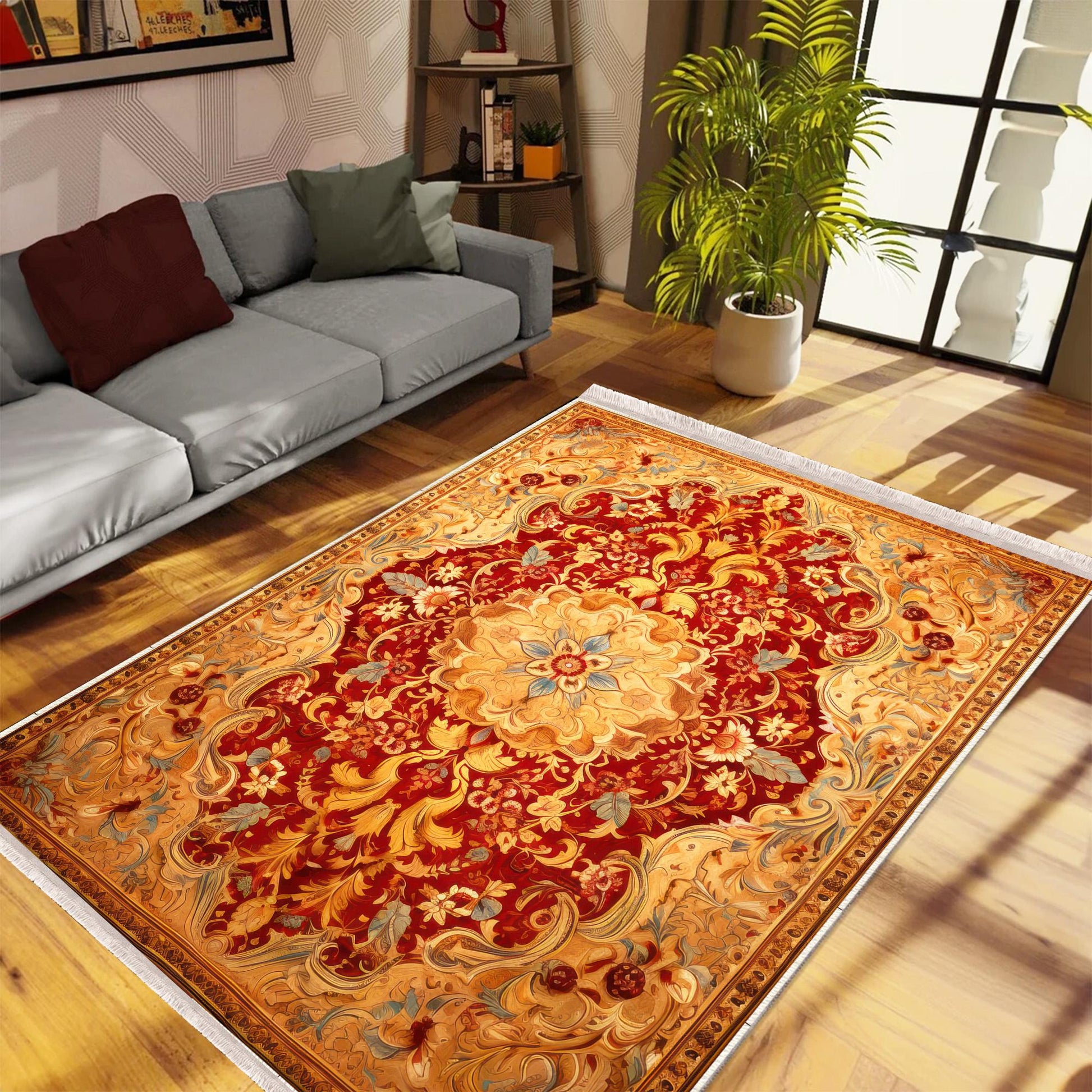 Persian Ethnic Victorian Tribal Rug - Red Yellow Antiqued Turkish Floral Medieval Carpet, Soft Textured Kitchen Runner Bohemian Area Rug