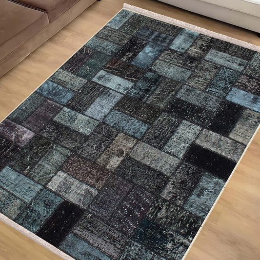 Dark Black Blue Patchwork Design Kilim Area Rug Runner, Boho Accent Carpet, Unique Room Mat, Washable Anti-Slip Rug with pillow case gift