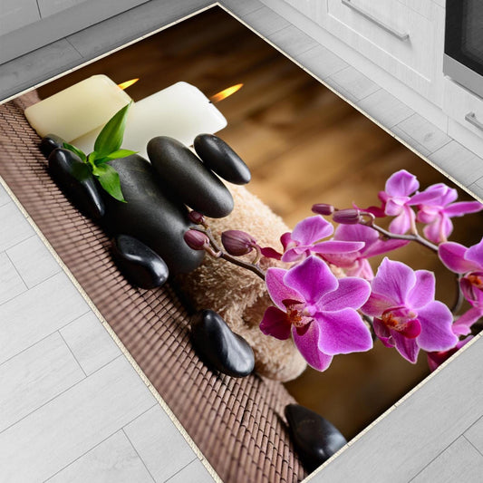 Spa Stone Candles Kitchen Runner Rug - Non-Slip, Washable Floor Mat with Floral Design, Modern Home Decor Kitchen Mat