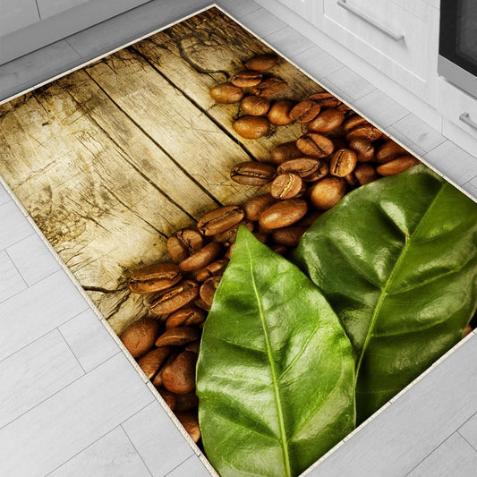Coffee Beans Grean Leaves Kitchen Runner Rug, Non-Slip Washable Kitchen Floor Mat, Modern Home Decor Kitchen Rug, Coffee Lover Gift