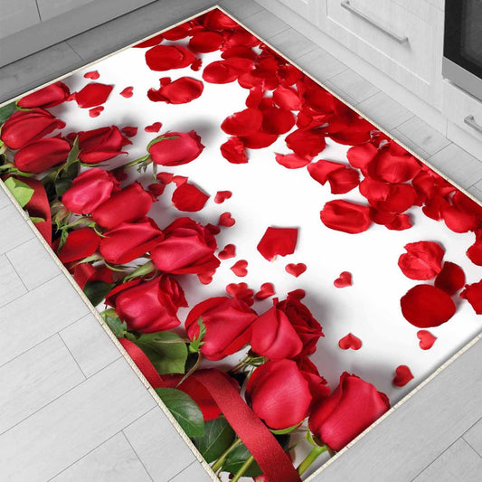 Red Roses Floral Flowers Theme Kitchen Runner Rug – Washable Non-Slip Floor Mat, Modern Floral Home Decor Kitchen Mat