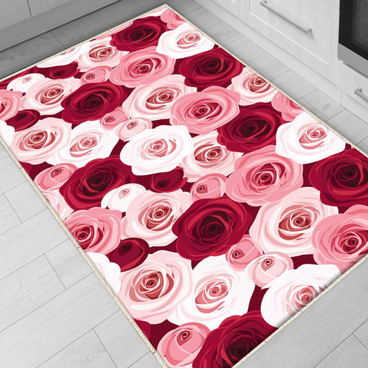 Pink Red Roses Kitchen Runner Rug, Washable Non-Slip Floral Floor Mat, Modern Anti-Fatigue Home Decor Kitchen Mat