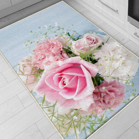 Pink Roses Kitchen Runner Rug Non-Slip Washable Floor Mat Floral Modern Design Home Decor Rug