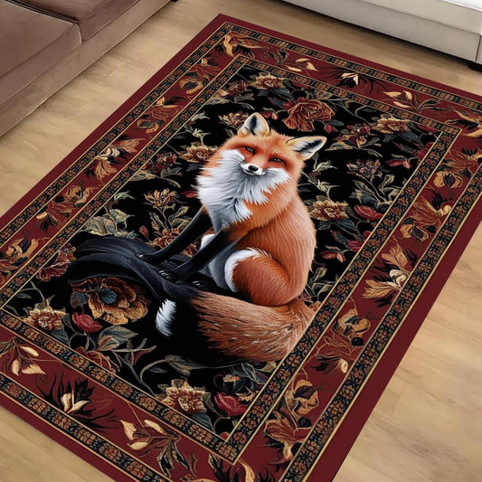 Fox Rug Floral Vintage Area Carpet - Orange Fox, Flowers Decorative Rug for Living Room, Bedroom, Washable Rug, Gift for Office Home Decor