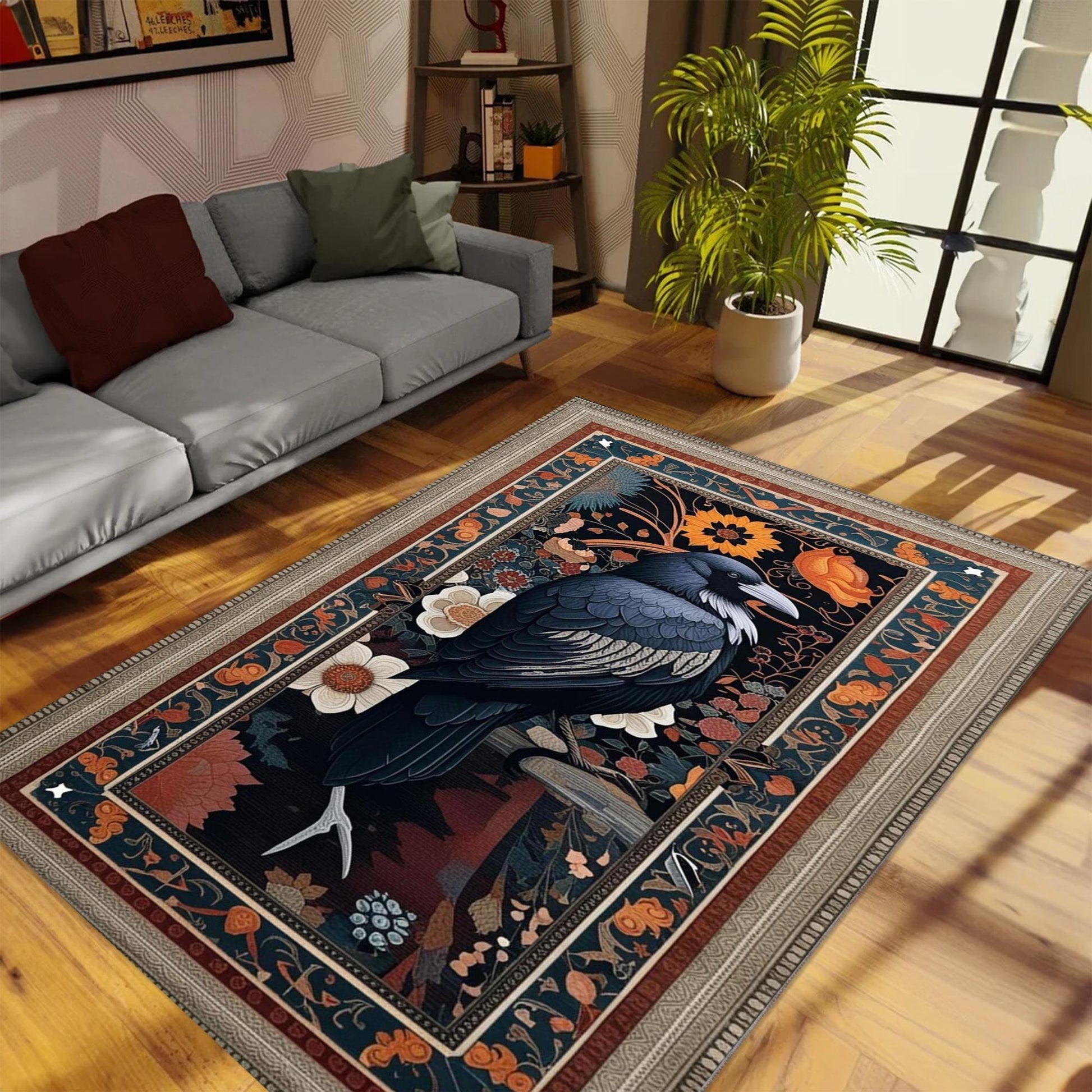 Gothic Raven Rug Dark Academia Orange Black Carpet Victorian Crow & Floral Witchcore Decor Area Rug Occult Aesthetic