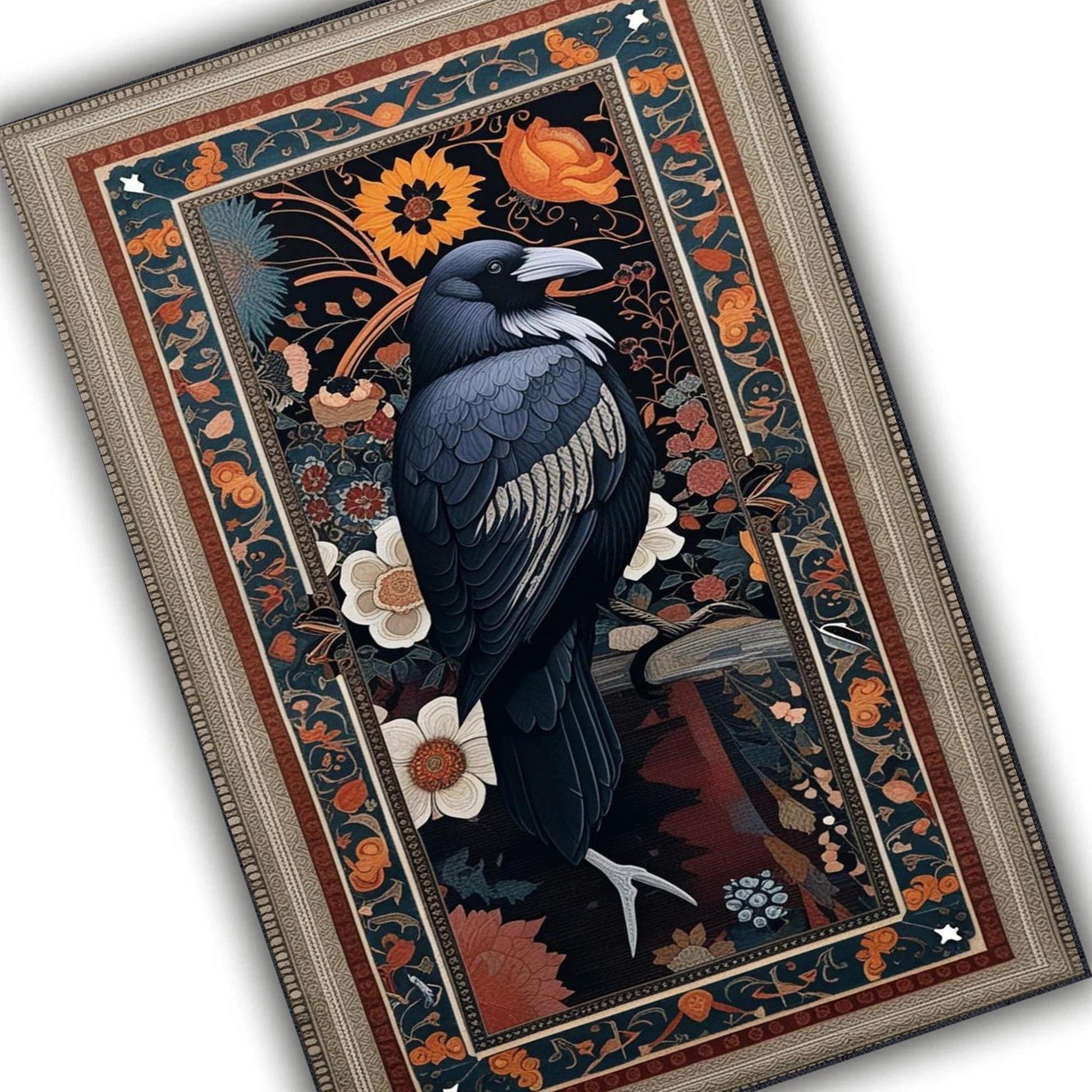 Gothic Raven Rug Dark Academia Orange Black Carpet Victorian Crow & Floral Witchcore Decor Area Rug Occult Aesthetic