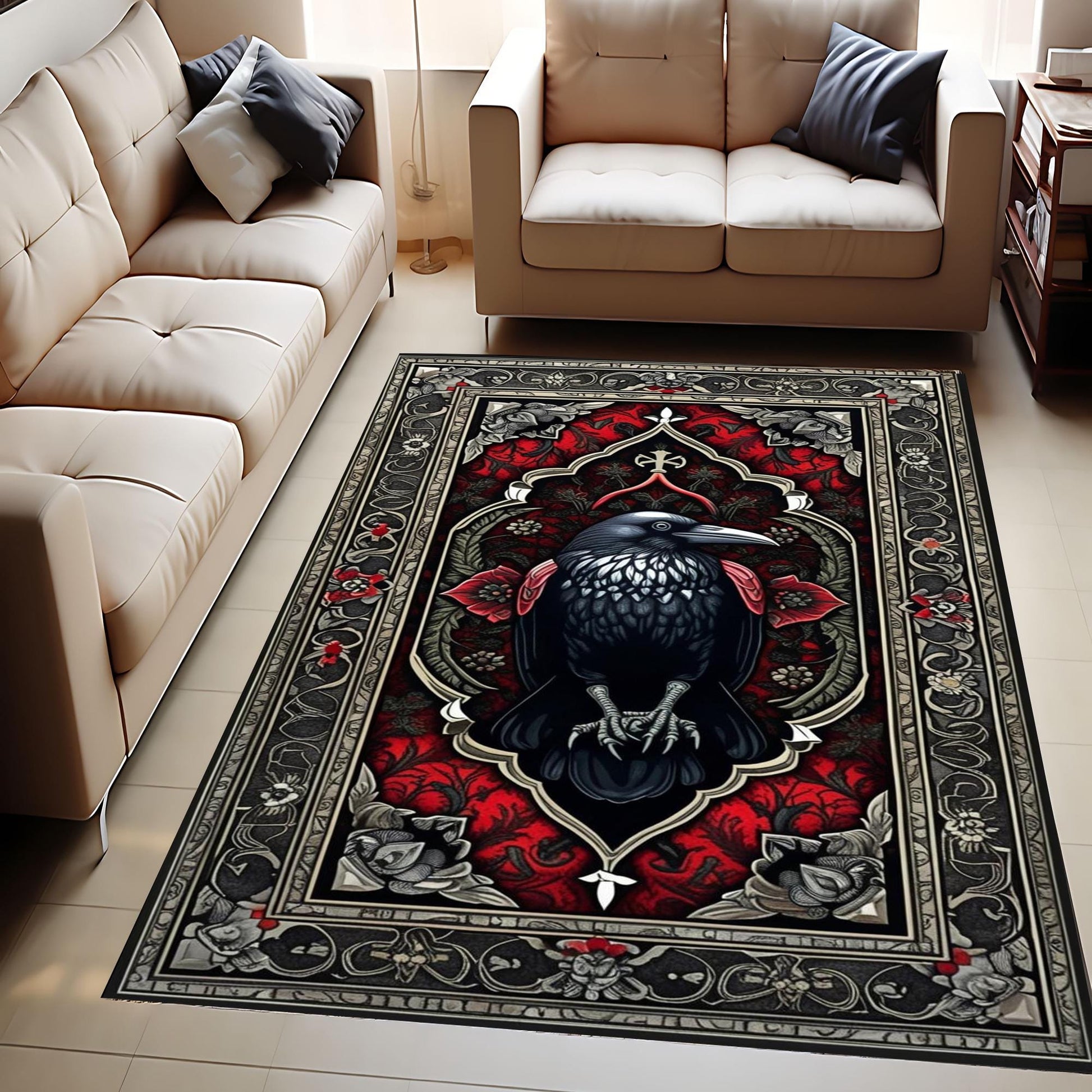 Raven Rug Dark Academia Boho Fairycore Decor | Satanic Gothic Crowcore Cottagecore Rug Witchy Aesthetic Carpet