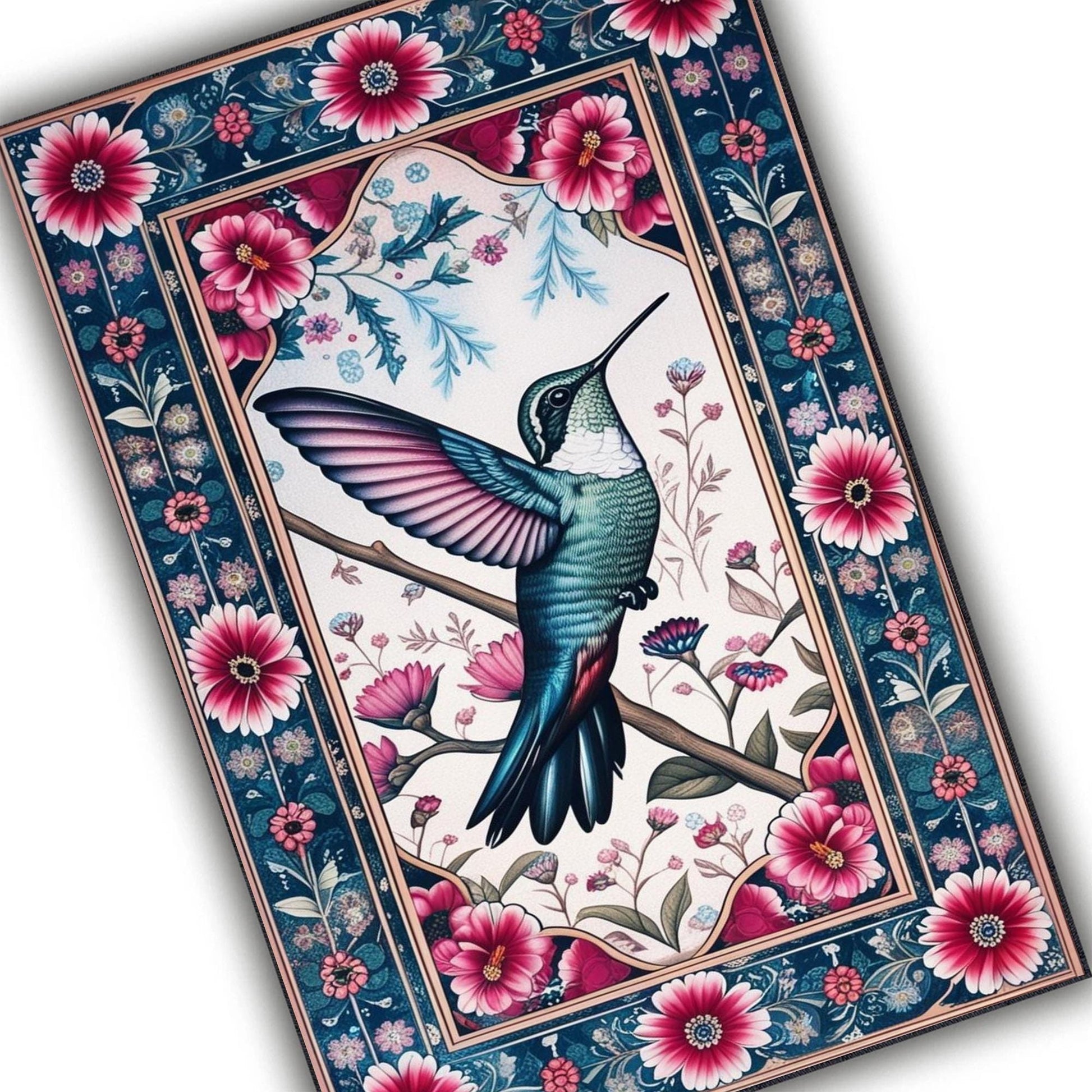 Hummingbird Area Rug with Flowers – Rustic Birds Floor Carpet, Nature-Inspired Home Decor, Soft & Durable Hummingbirds Rug for Living Room