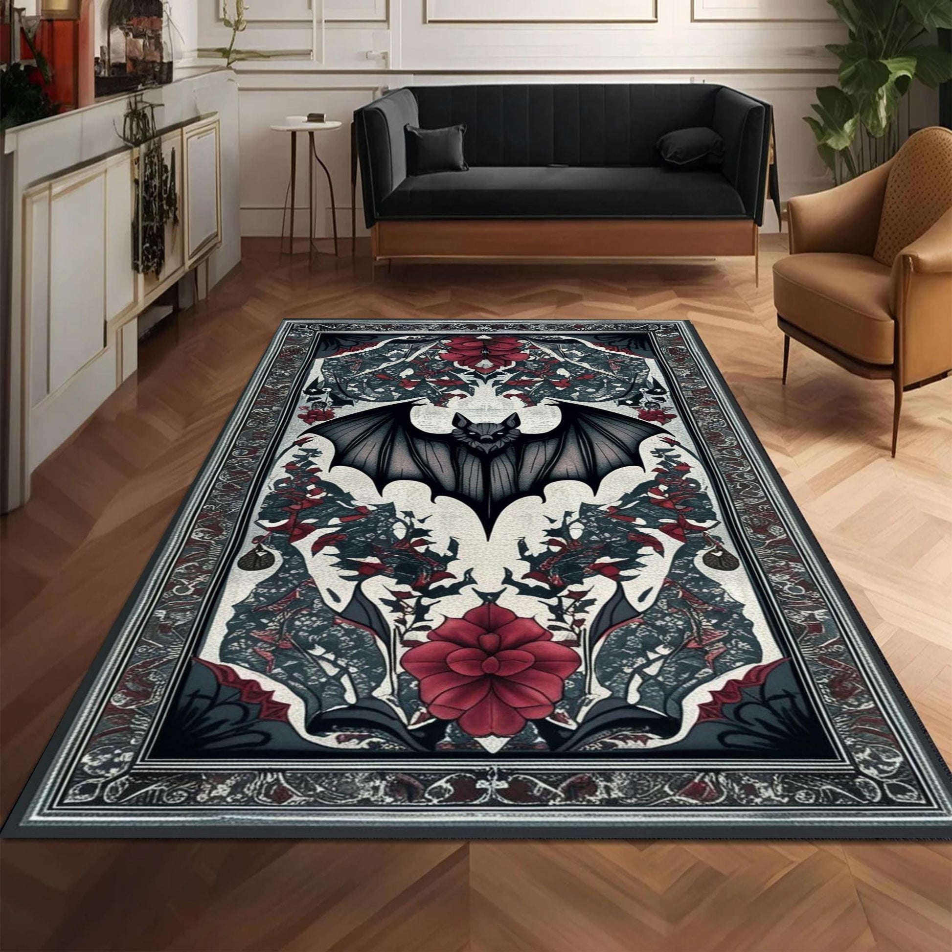 Gothic Bat Rug with Red Floral, Witchcore Decor Carpet for Dark Academia Room, Elegant Gothic Tapestry for Maximalist Goth Interiors
