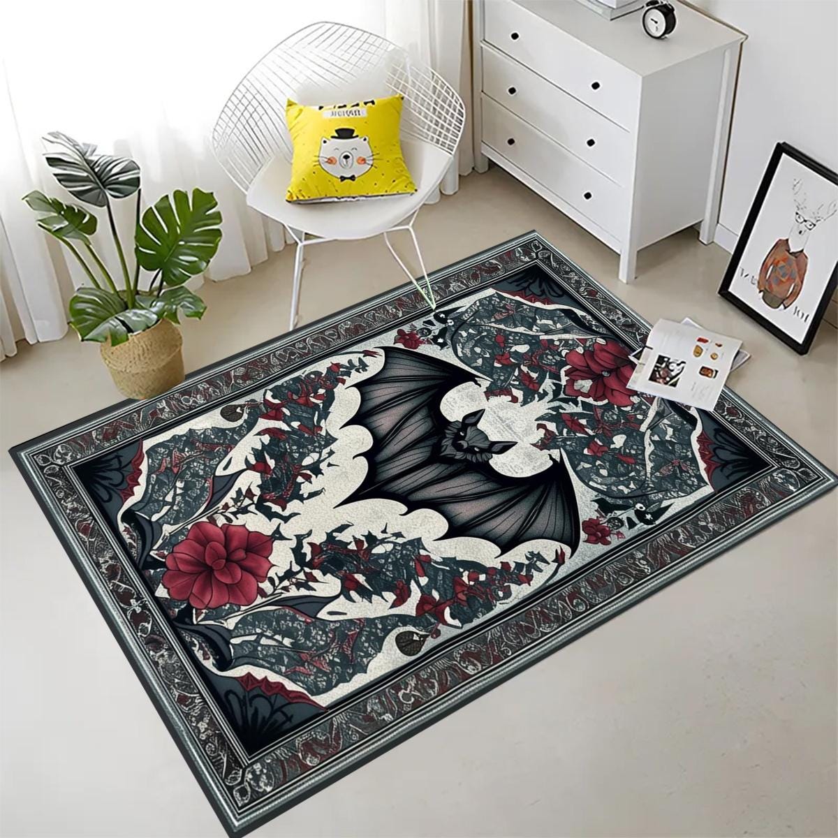 Gothic Bat Rug with Red Floral, Witchcore Decor Carpet for Dark Academia Room, Elegant Gothic Tapestry for Maximalist Goth Interiors