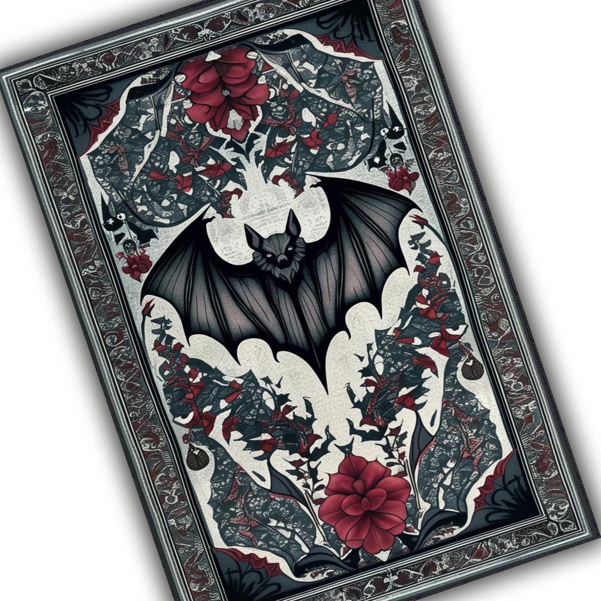 Gothic Bat Rug with Red Floral, Witchcore Decor Carpet for Dark Academia Room, Elegant Gothic Tapestry for Maximalist Goth Interiors