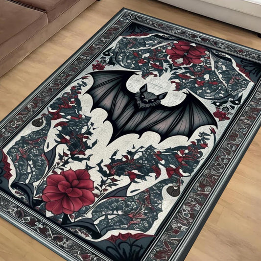 Gothic Bat Rug with Red Floral, Witchcore Decor Carpet for Dark Academia Room, Elegant Gothic Tapestry for Maximalist Goth Interiors