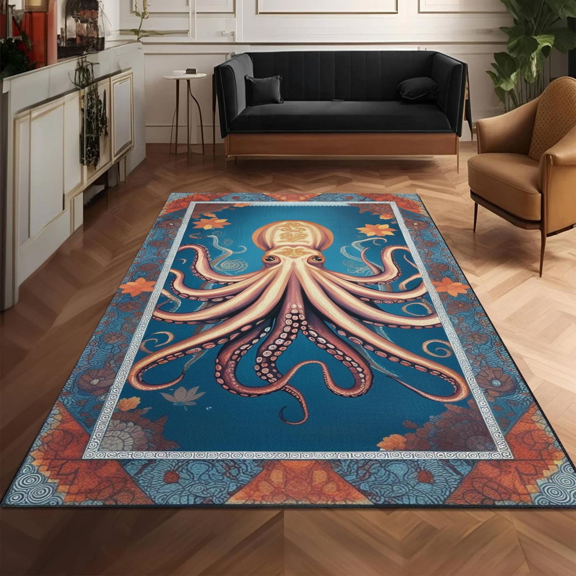 Octopus Area Rug with Persian Border, Unique Ocean Theme Carpet, Sea Creature Art Maximalist Decor for Living Room Statement Floor Covering