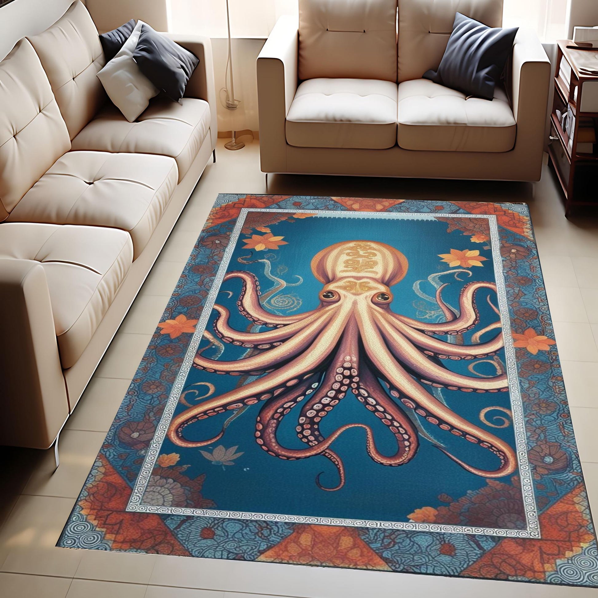 Octopus Area Rug with Persian Border, Unique Ocean Theme Carpet, Sea Creature Art Maximalist Decor for Living Room Statement Floor Covering