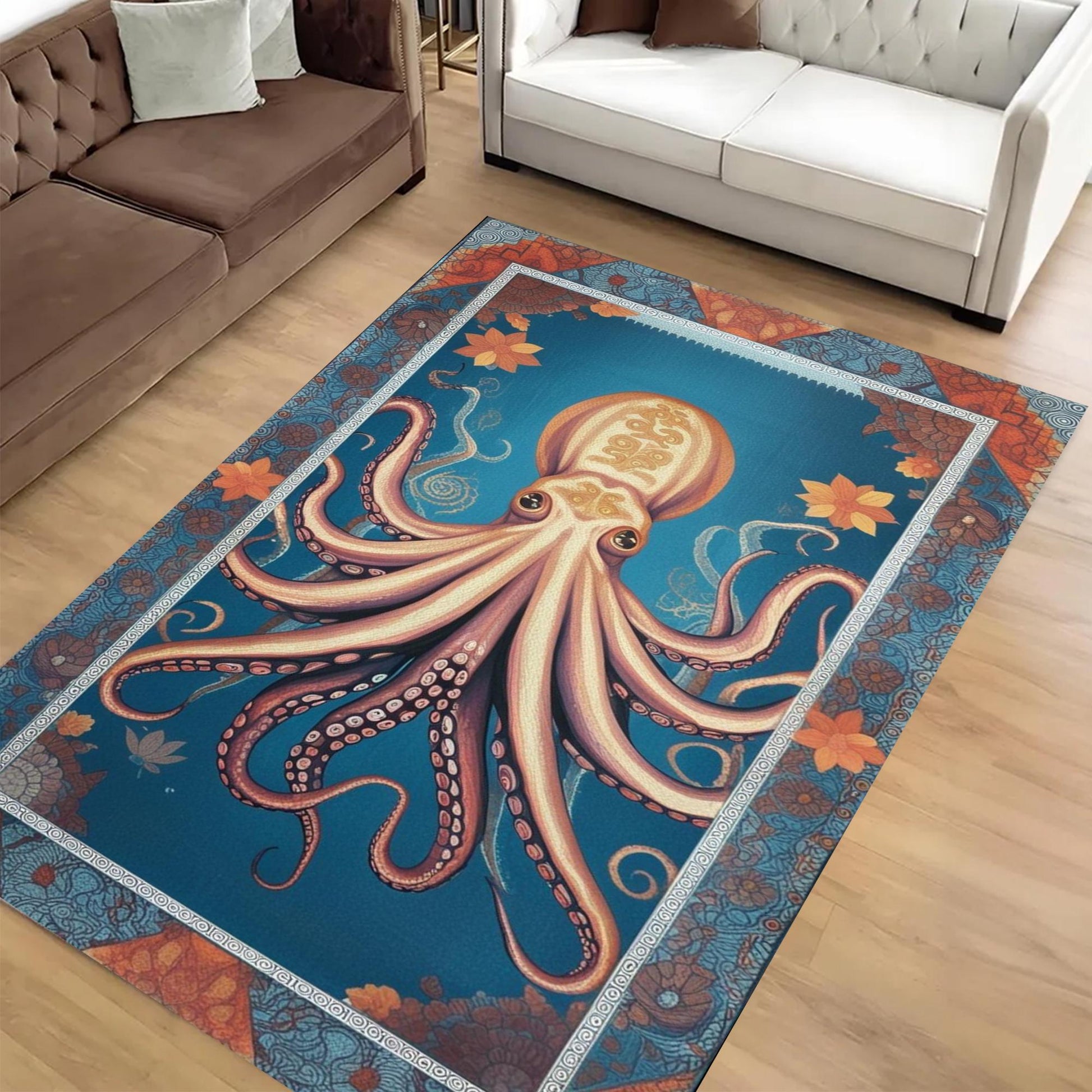 Octopus Area Rug with Persian Border, Unique Ocean Theme Carpet, Sea Creature Art Maximalist Decor for Living Room Statement Floor Covering