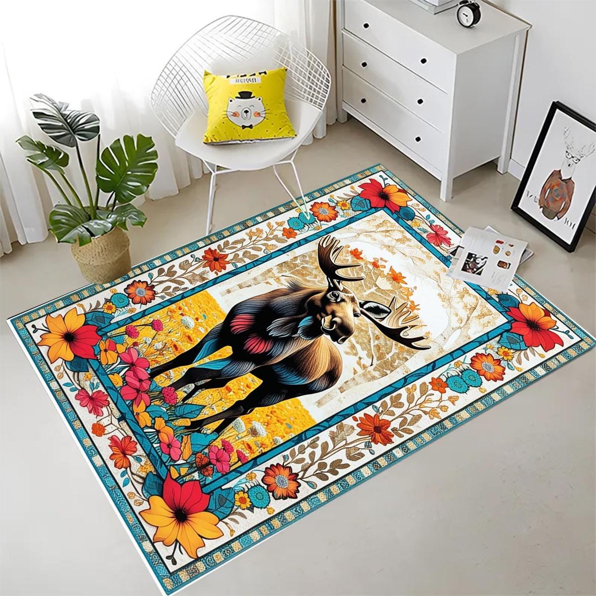 Black Deer Pattern Area Rug for Cabin Lodge Rustic Home Decor, Nordic Forest Animal Print Carpet for Living Room Charm