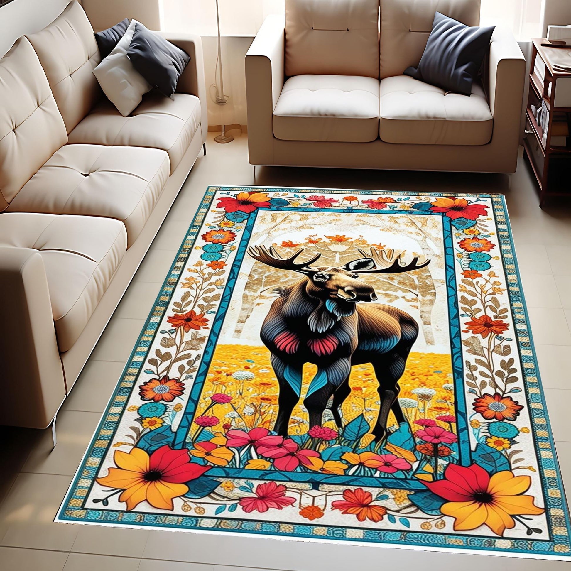 Black Deer Pattern Area Rug for Cabin Lodge Rustic Home Decor, Nordic Forest Animal Print Carpet for Living Room Charm