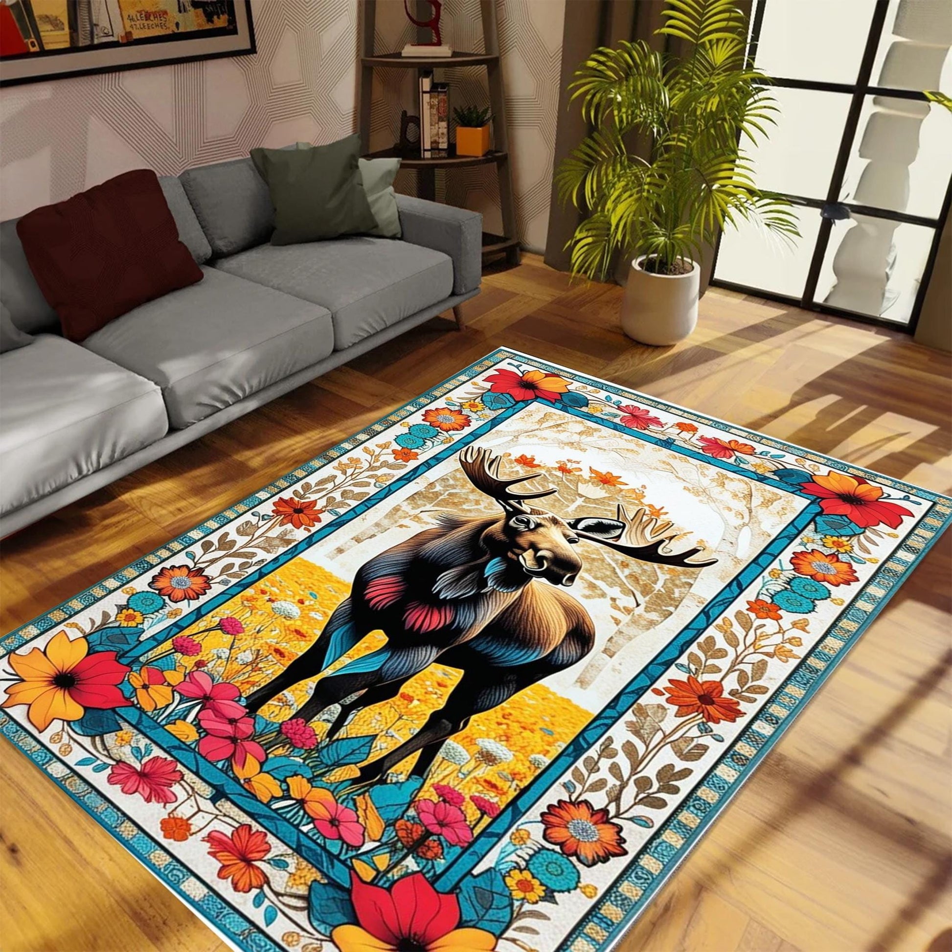 Black Deer Pattern Area Rug for Cabin Lodge Rustic Home Decor, Nordic Forest Animal Print Carpet for Living Room Charm
