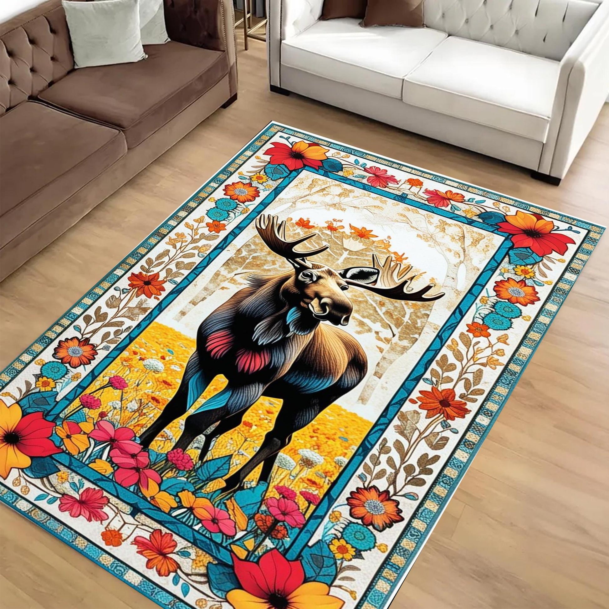 Black Deer Pattern Area Rug for Cabin Lodge Rustic Home Decor, Nordic Forest Animal Print Carpet for Living Room Charm