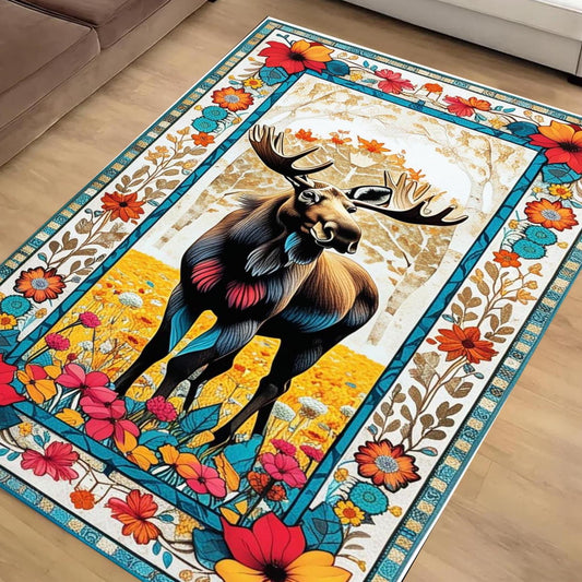 Black Deer Pattern Area Rug for Cabin Lodge Rustic Home Decor, Nordic Forest Animal Print Carpet for Living Room Charm