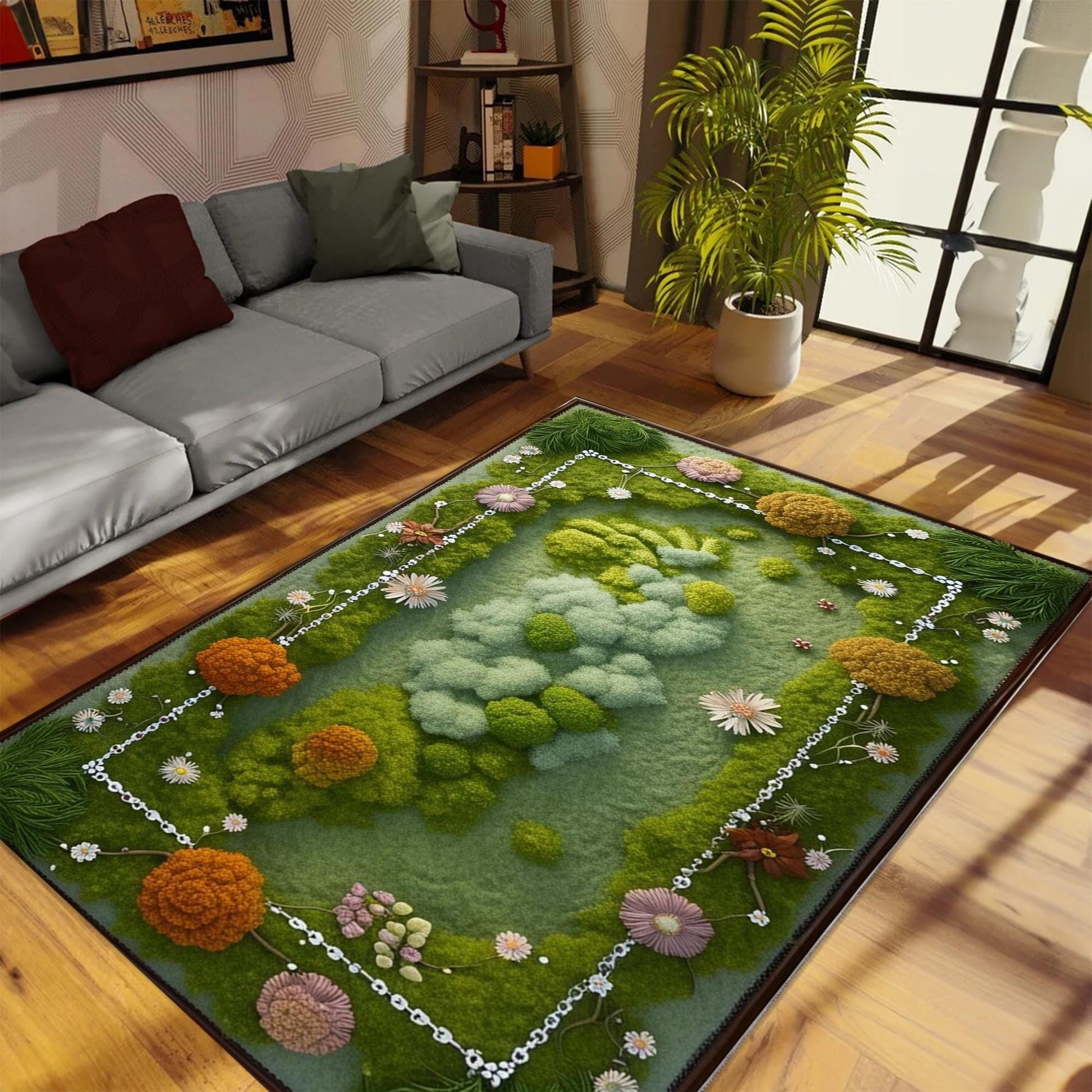 Botanical Moss Area Rug - Washable Green Floral Rug for Cottagecore, Farmhouse & Garden Inspired Home Decor Wildflower Plant Design