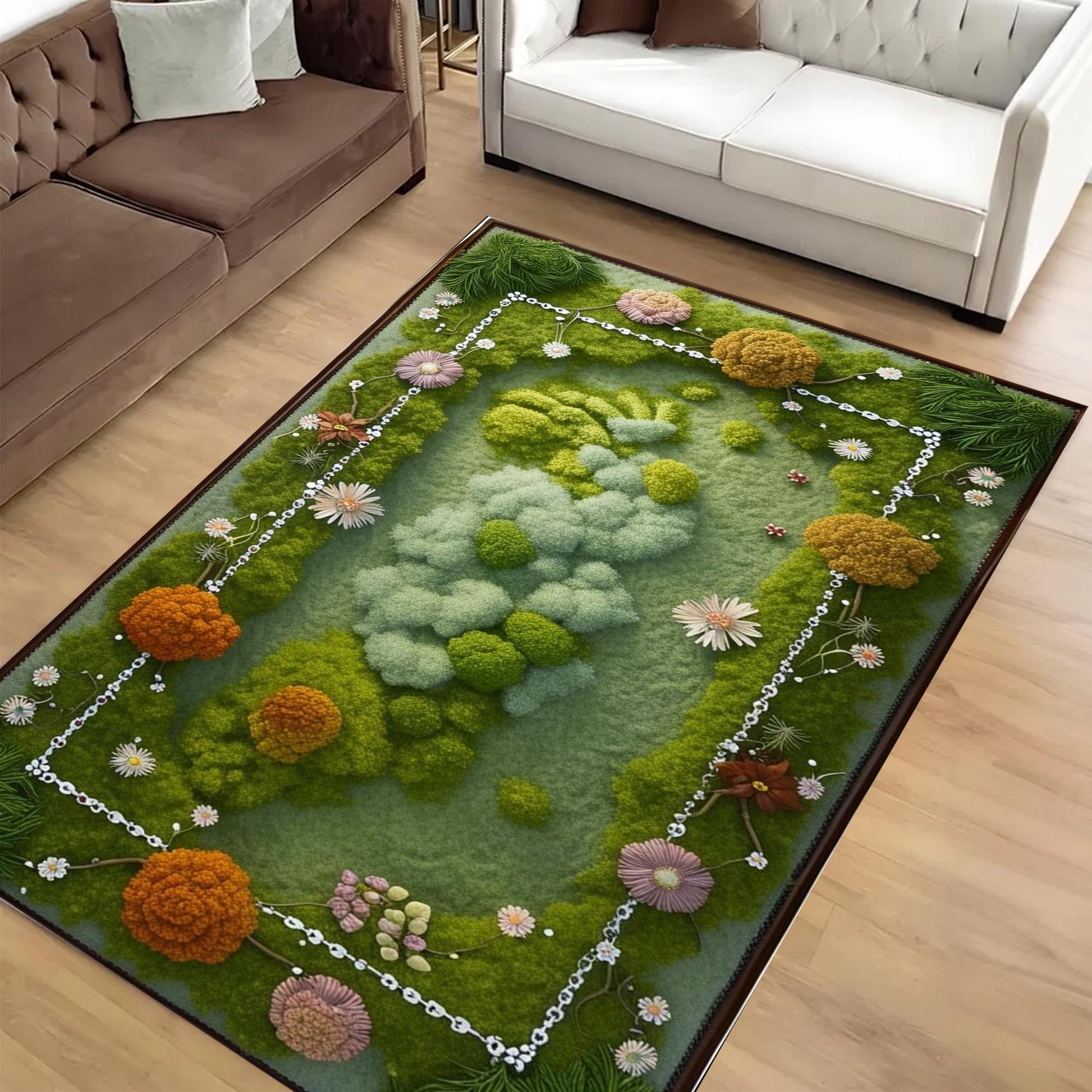 Botanical Moss Area Rug - Washable Green Floral Rug for Cottagecore, Farmhouse & Garden Inspired Home Decor Wildflower Plant Design
