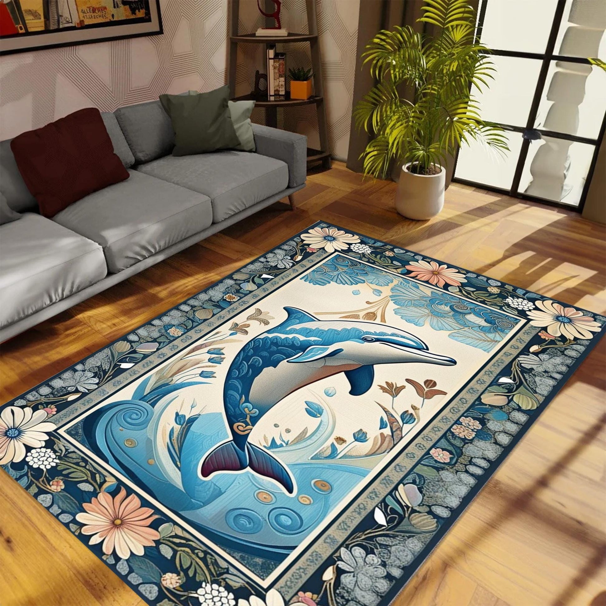 Dolphin Design Rug with Floral Persian Border, Underwater Animals Sea Rug for Living Room, Unique Gift Rug & Home Decor