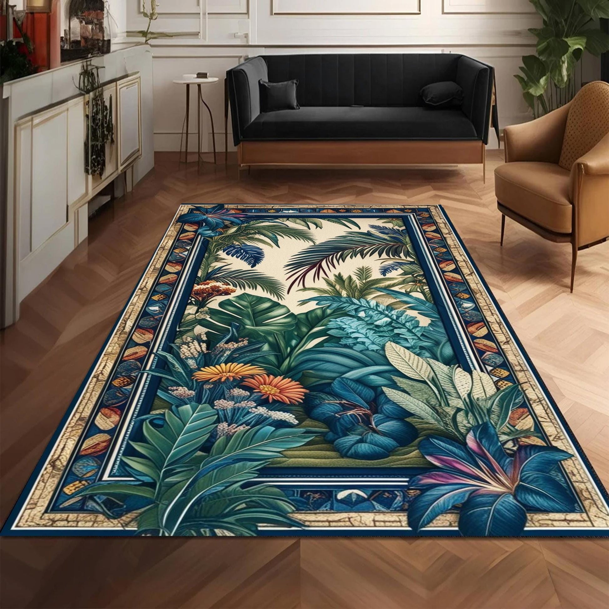 Tropical Forest Area Rug Non-Slip - Palm Trees Jungle Floral Carpet for Living Room Boho Botanical Nature Floor Decor