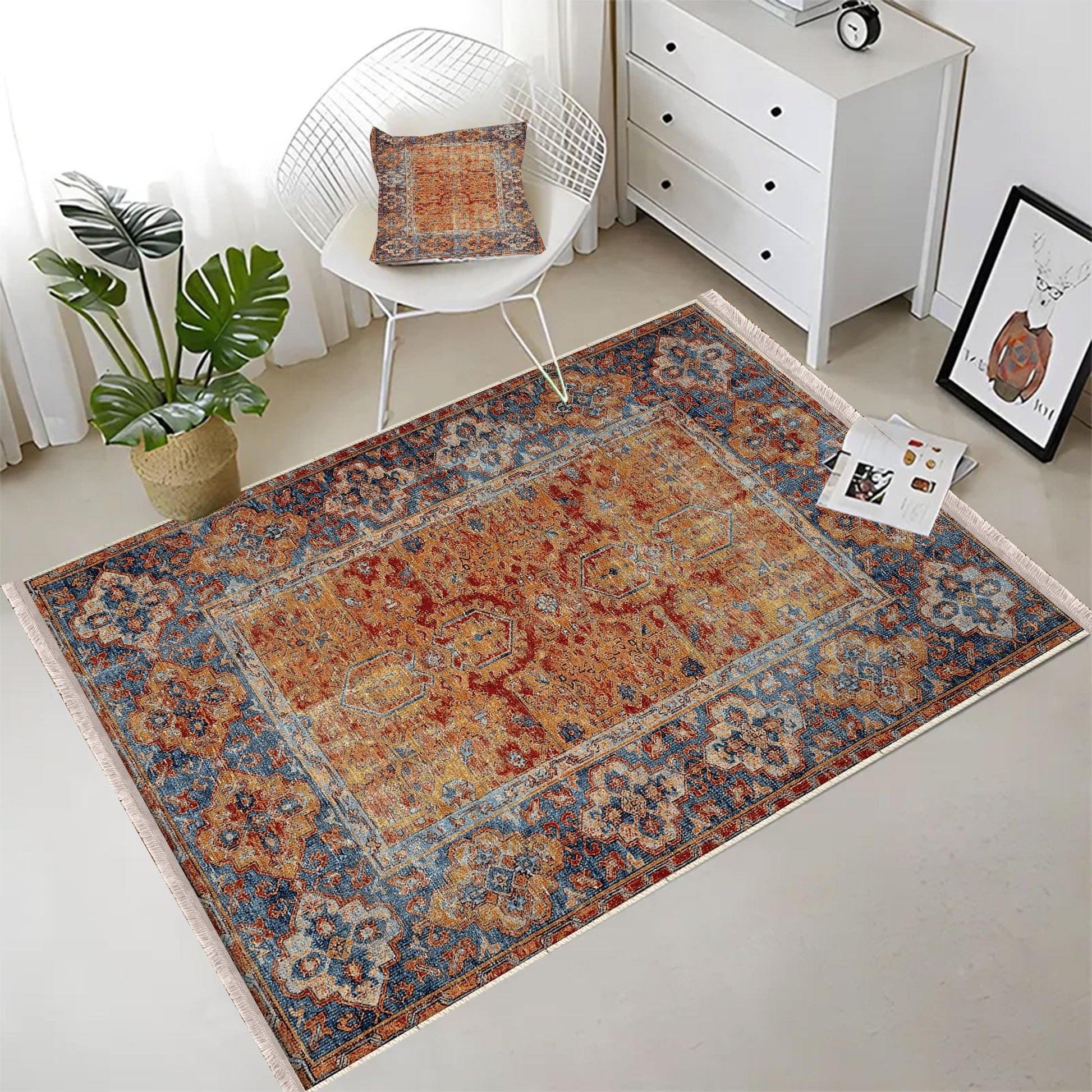Authentic Ethnic Retro Persian Non-Slip Turkish Kilim Area Rug, Washable Living Room Rugs with pillow case gift, Housewarming Gift