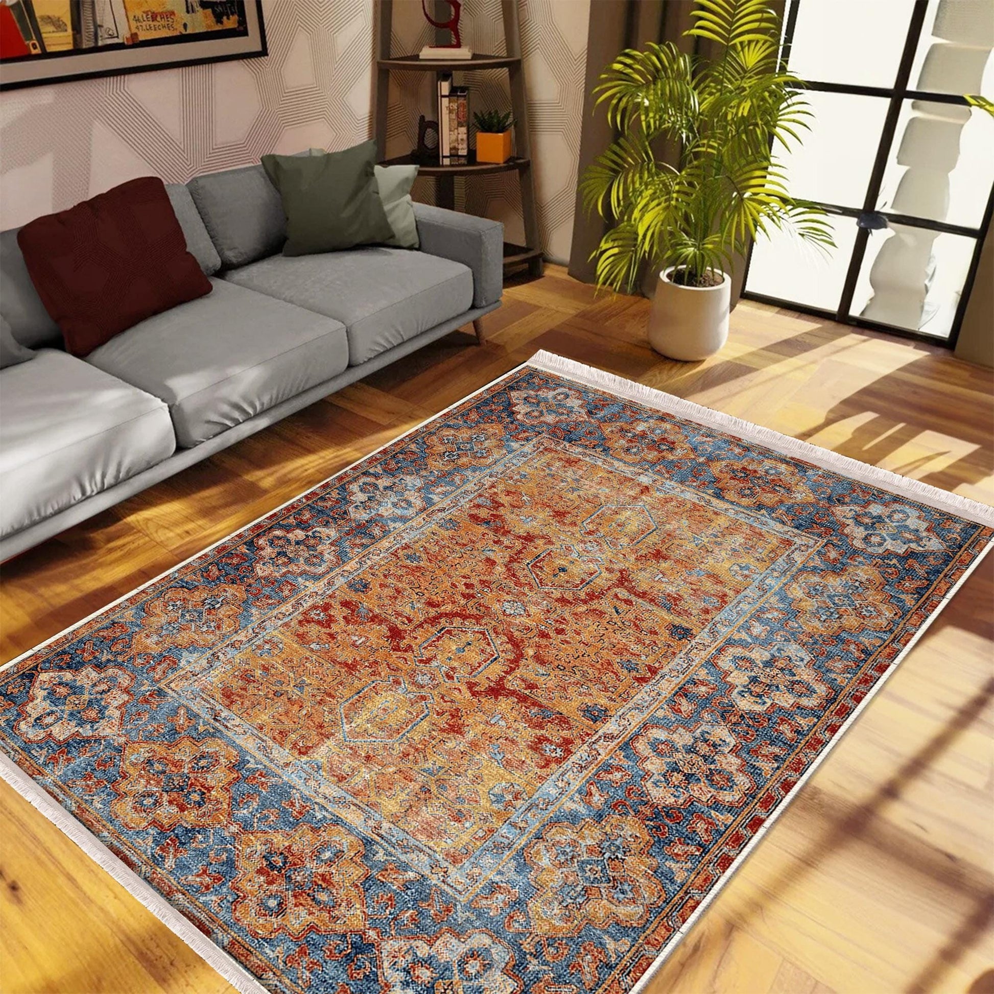 Authentic Ethnic Retro Persian Non-Slip Turkish Kilim Area Rug, Washable Living Room Rugs with pillow case gift, Housewarming Gift