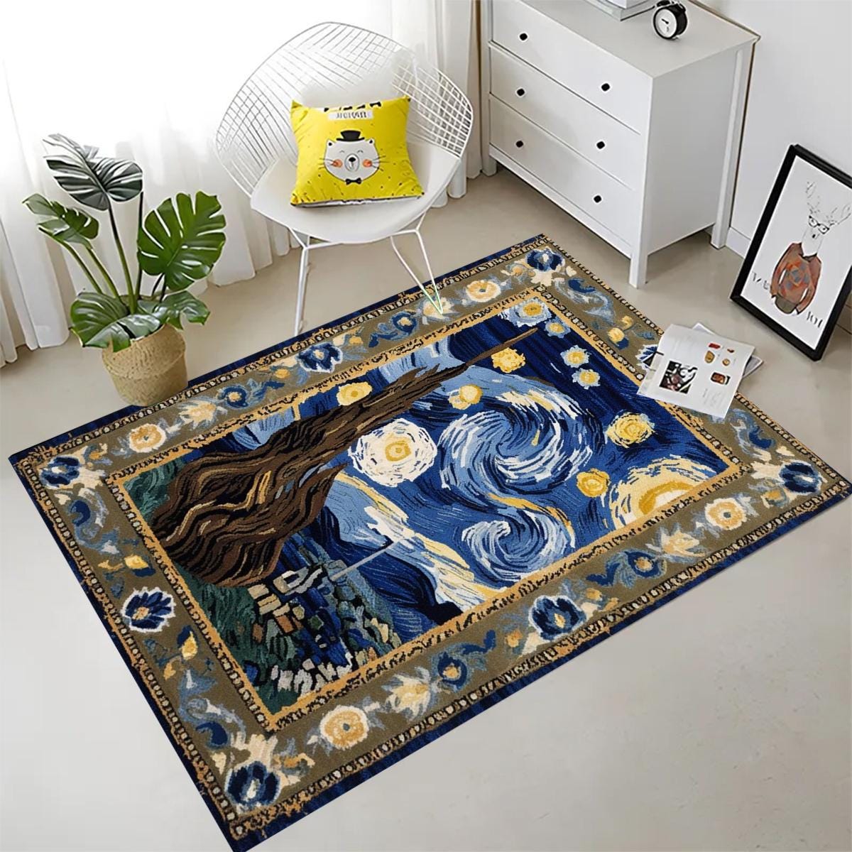 Vincent Van Gogh Starry Night Oriental Rug - Traditional Area Rug, Art-Inspired Carpet for Living Room & Bedroom Decor