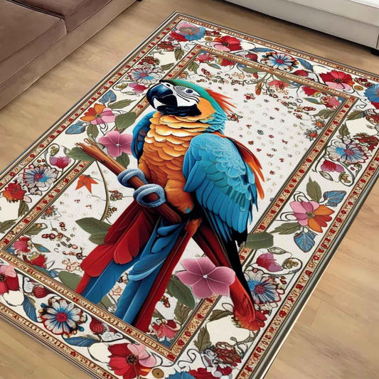 Traditional Parrot Rug with Teal & Pink Floral Accents, Rustic Wildlife Area Rug, Oriental Baby Parrot Gift, Forest Decor