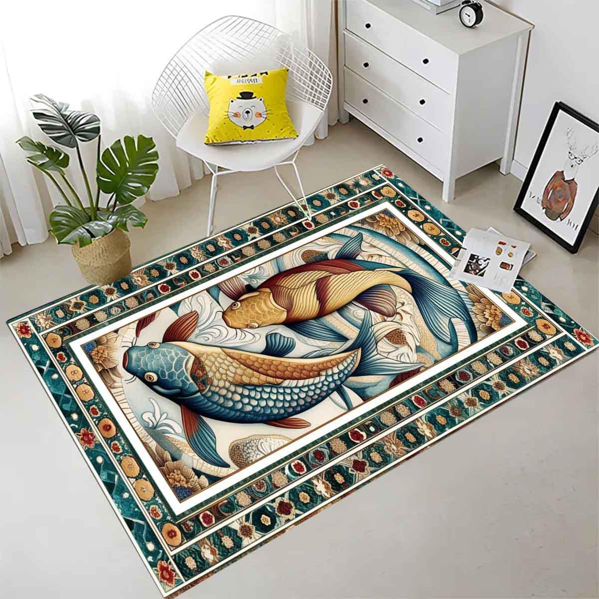 Koi Fish Rug – Colorful Japanese Design Area Rug for Living Room, Office & Home Decor, Unique Gift for Him Her, Housewarming Pond Art Carpet