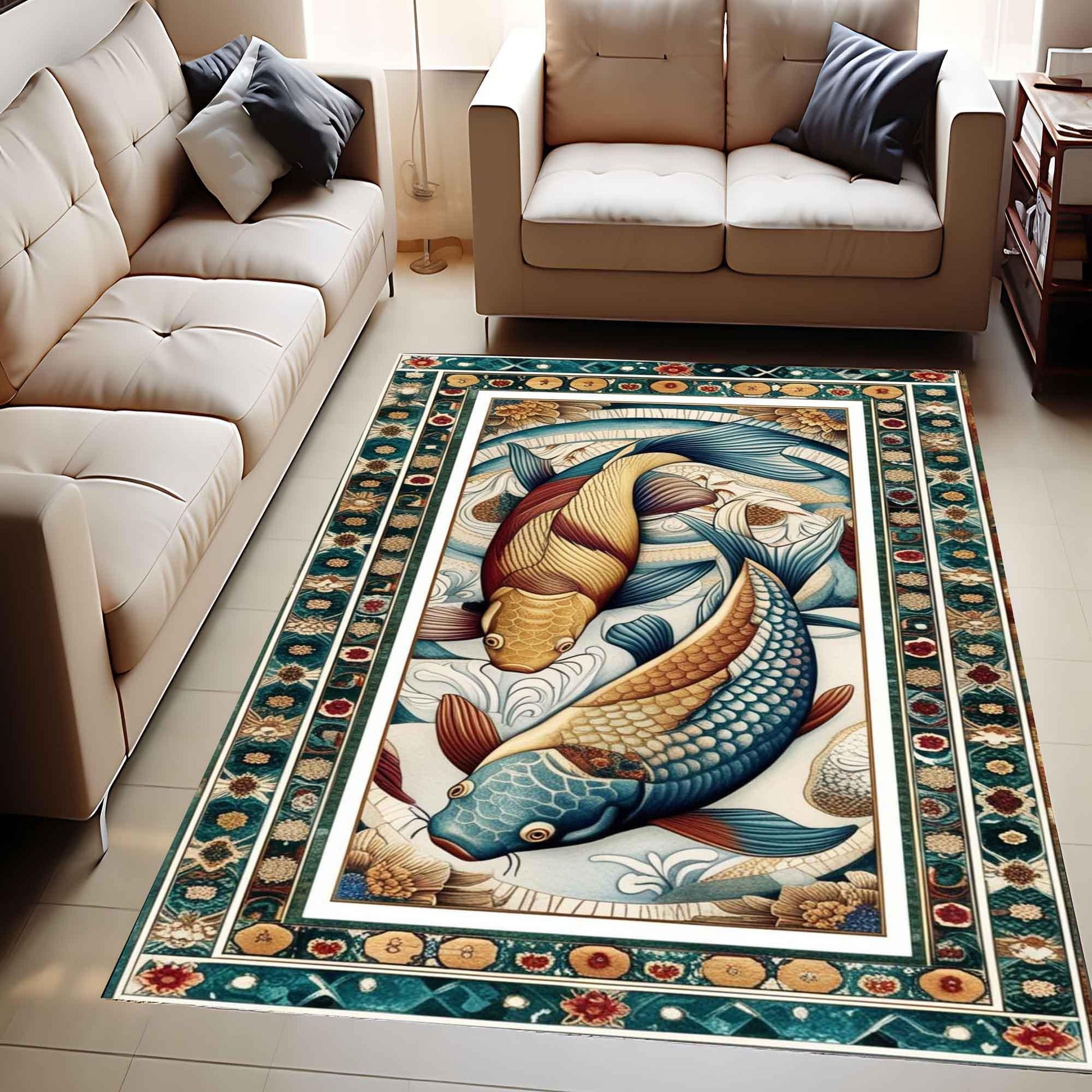 Koi Fish Rug – Colorful Japanese Design Area Rug for Living Room, Office & Home Decor, Unique Gift for Him Her, Housewarming Pond Art Carpet