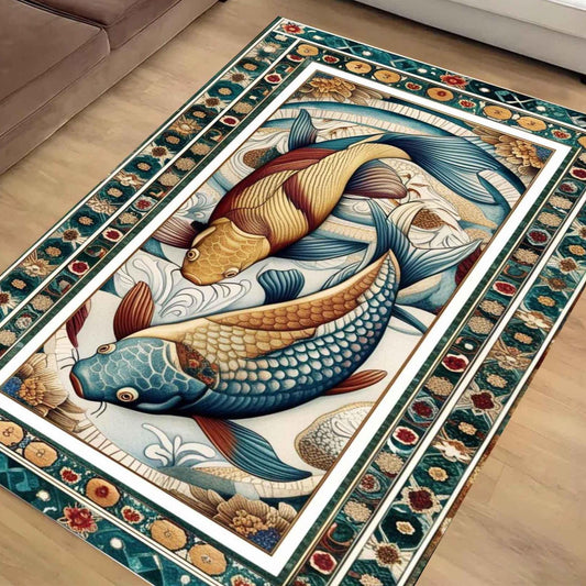 Koi Fish Rug – Colorful Japanese Design Area Rug for Living Room, Office & Home Decor, Unique Gift for Him Her, Housewarming Pond Art Carpet