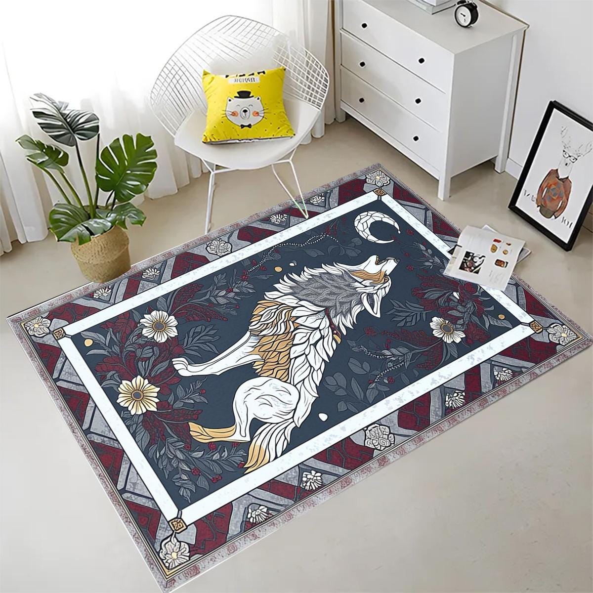 Majestic Wolf Rug with Floral Border, Realistic Non-Slip Area Rug for Rustic Homes, Cabins Nature Lovers, Washable Spirit Animal Decor Gift