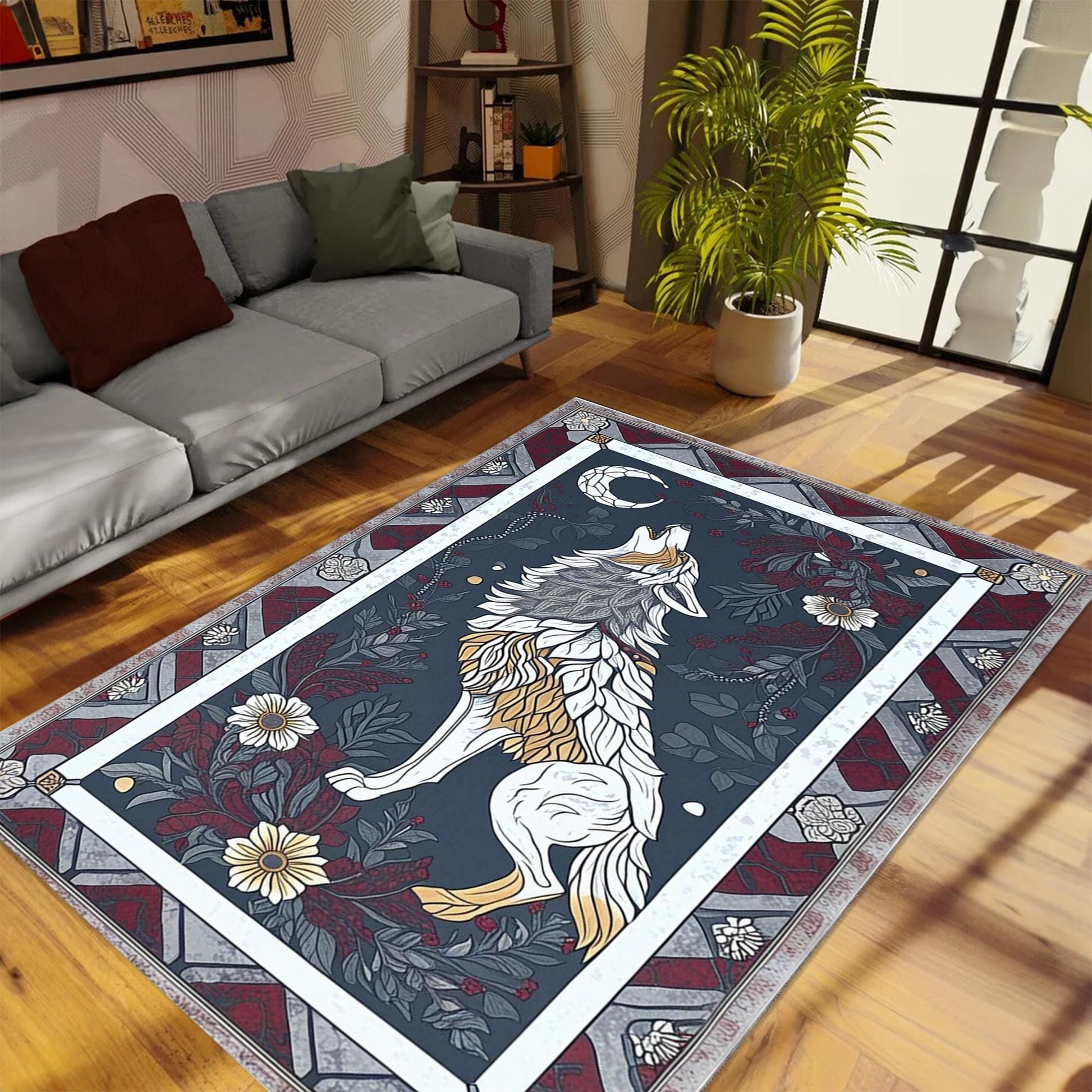 Wolf Rug with Floral Border, Wild Animaş Non-Slip Area Carpet for Rustic Homes, Cabins Nature Lovers, Chenille Washable Rug