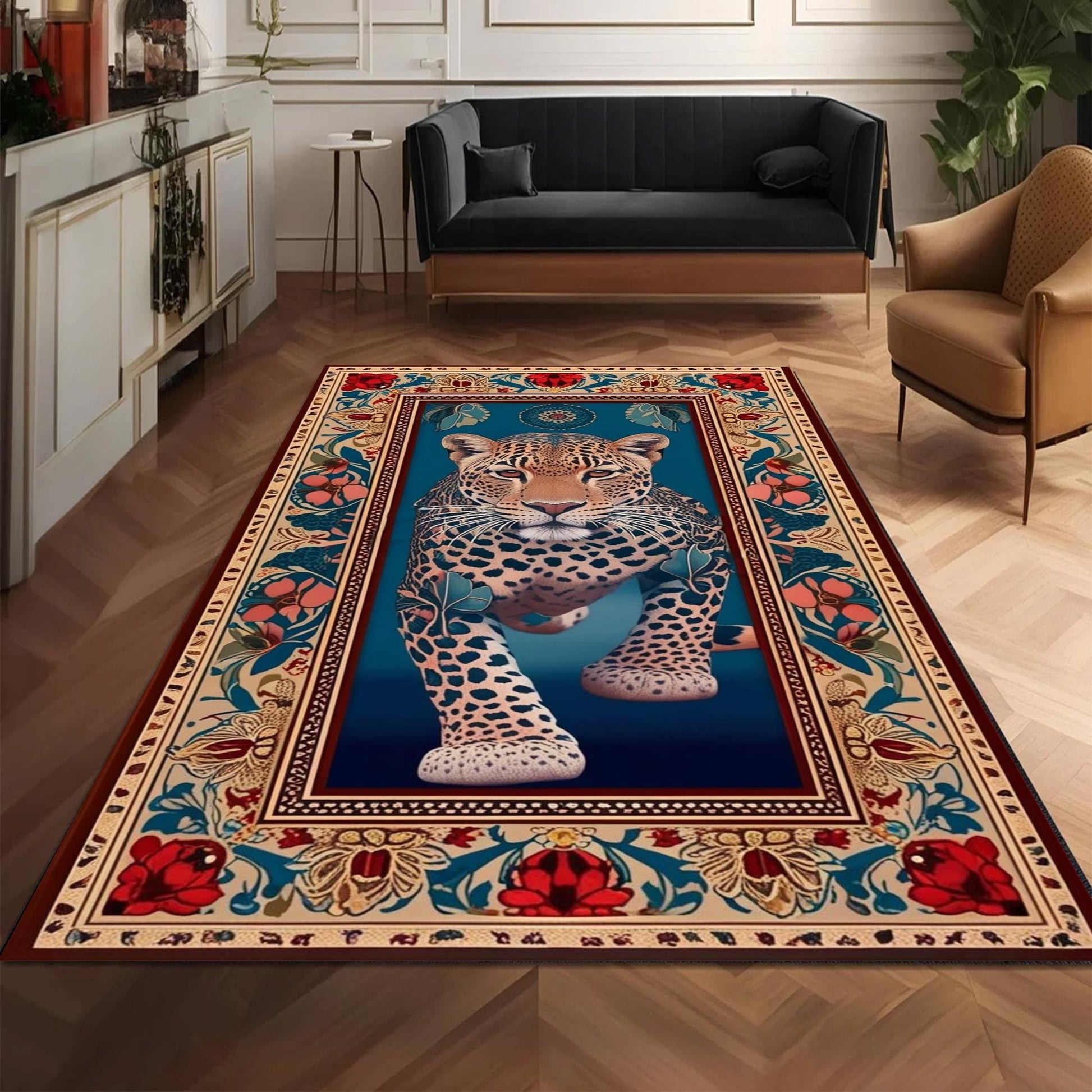 Traditional Leopard Rug, Colorful Painting Style Rustic Area Rug, Animal Print Home Decor, Unique Tribal Accent Carpet