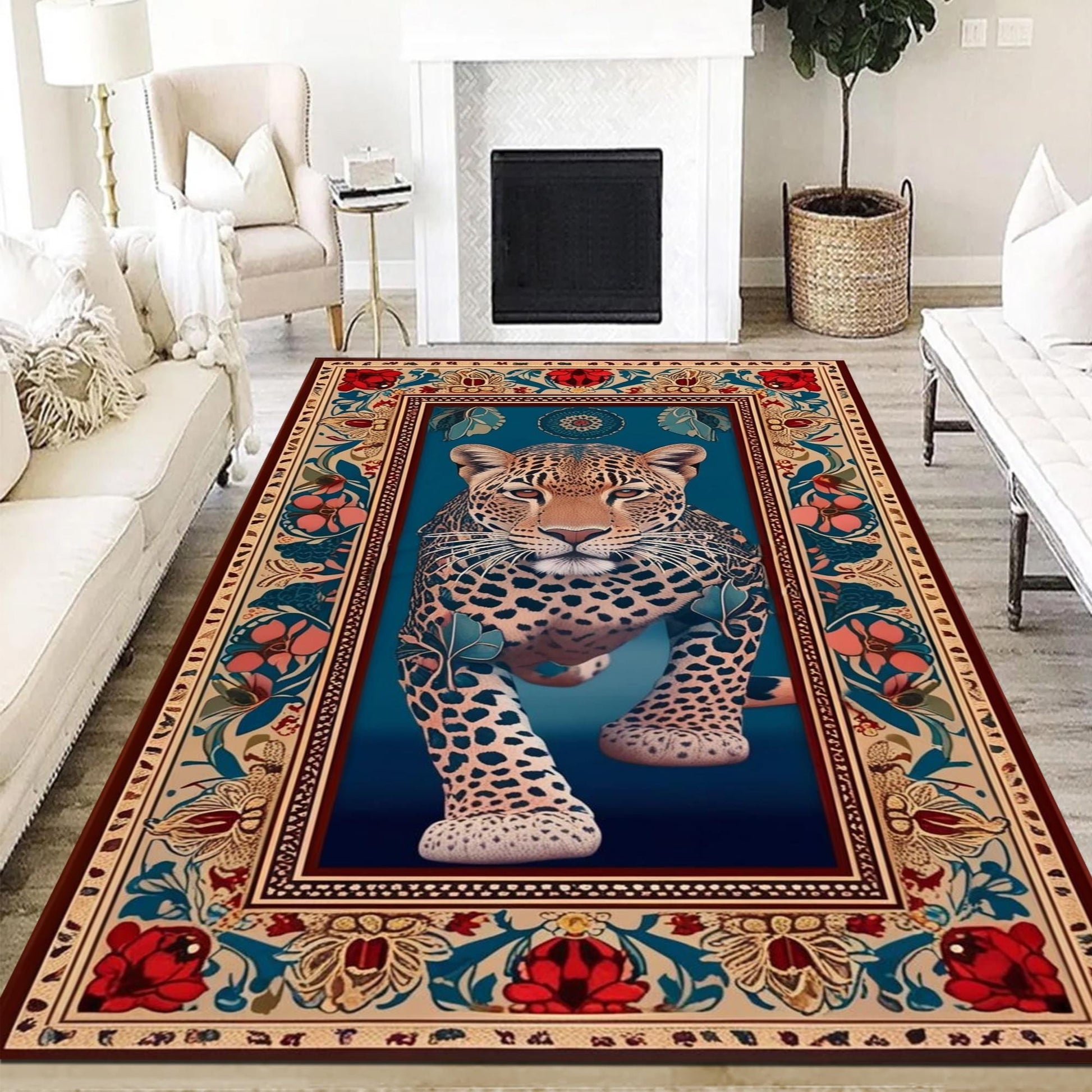 Traditional Leopard Rug, Colorful Painting Style Rustic Area Rug, Animal Print Home Decor, Unique Tribal Accent Carpet